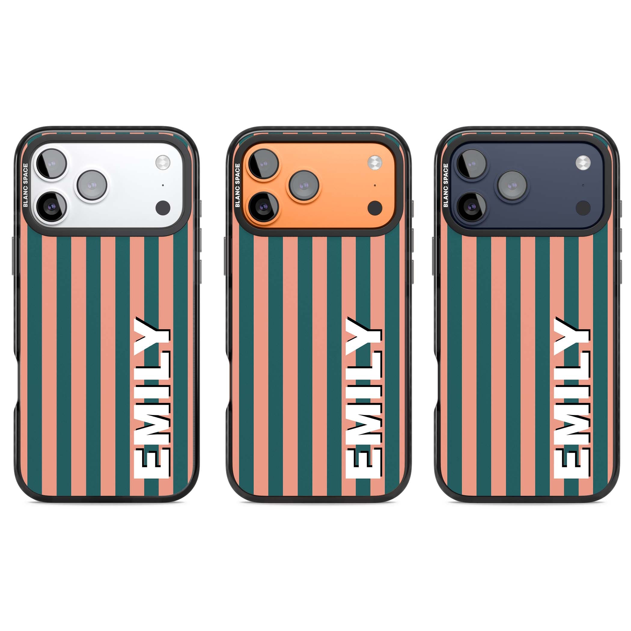 Tuscan Stripe personalised iPhone case featuring coral and green vertical stripes with bold custom name | Black Impact Magsafe case for iPhone 17 Pro, iPhone 17 Pro Max