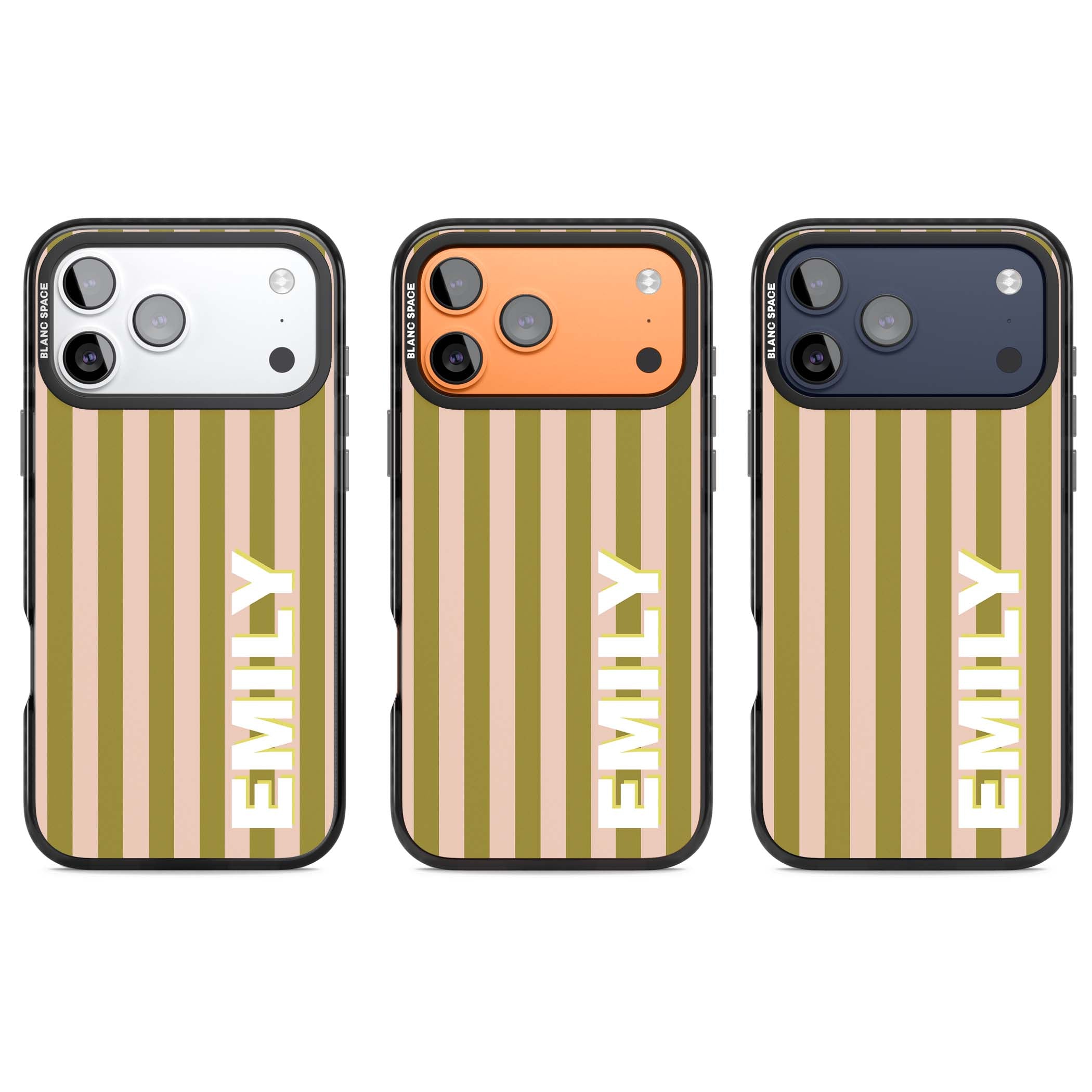 Indian Stripe personalised iPhone case featuring olive green and blush pink vertical stripes with custom name in whit | Black Impact Magsafe case for iPhone 17 Pro, iPhone 17 Pro Max
