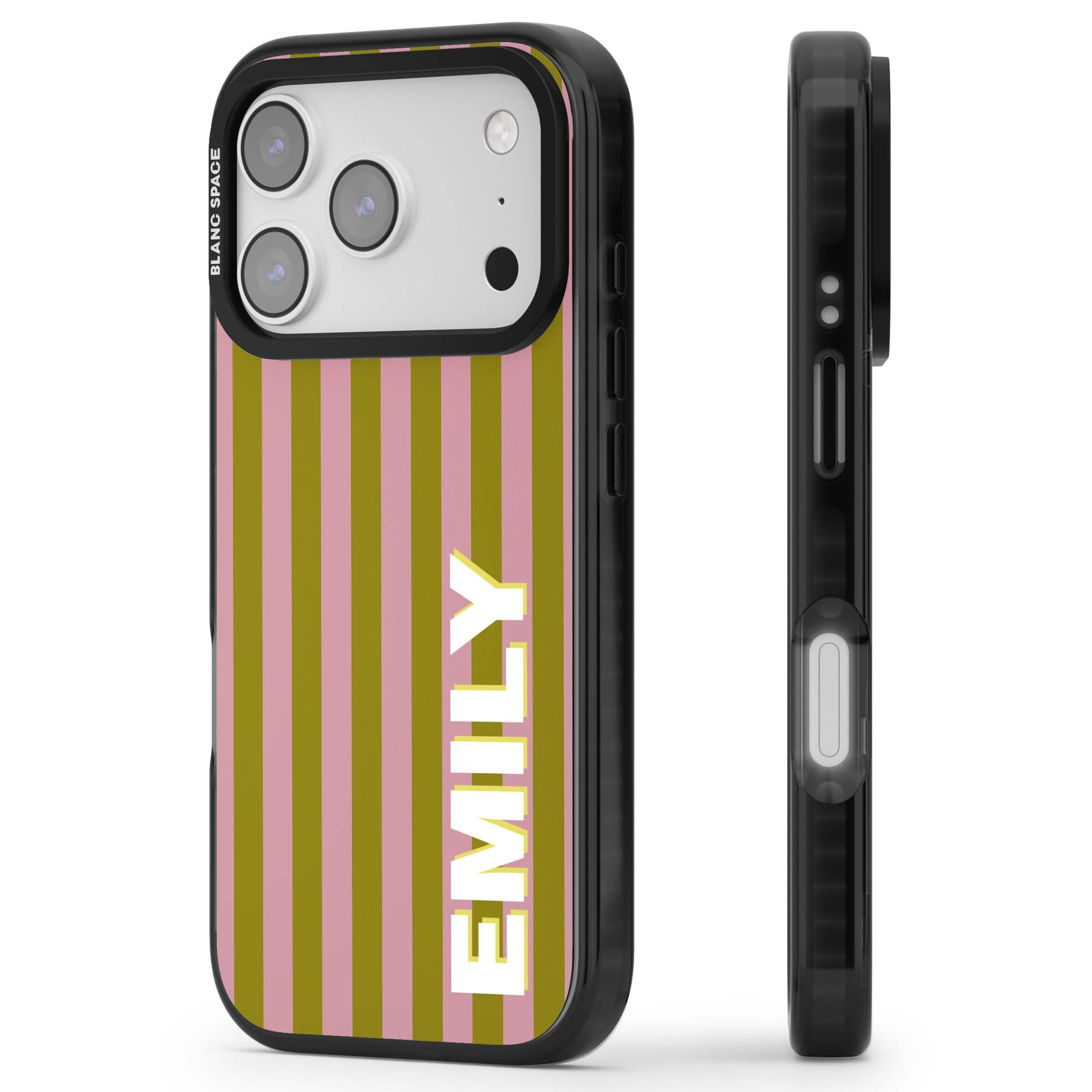 Istanbul Stripe personalised iPhone case featuring pink and olive green vertical stripes with a custom vertical name | Black Impact Magsafe case for iPhone 17 Pro, iPhone 17 Pro Max