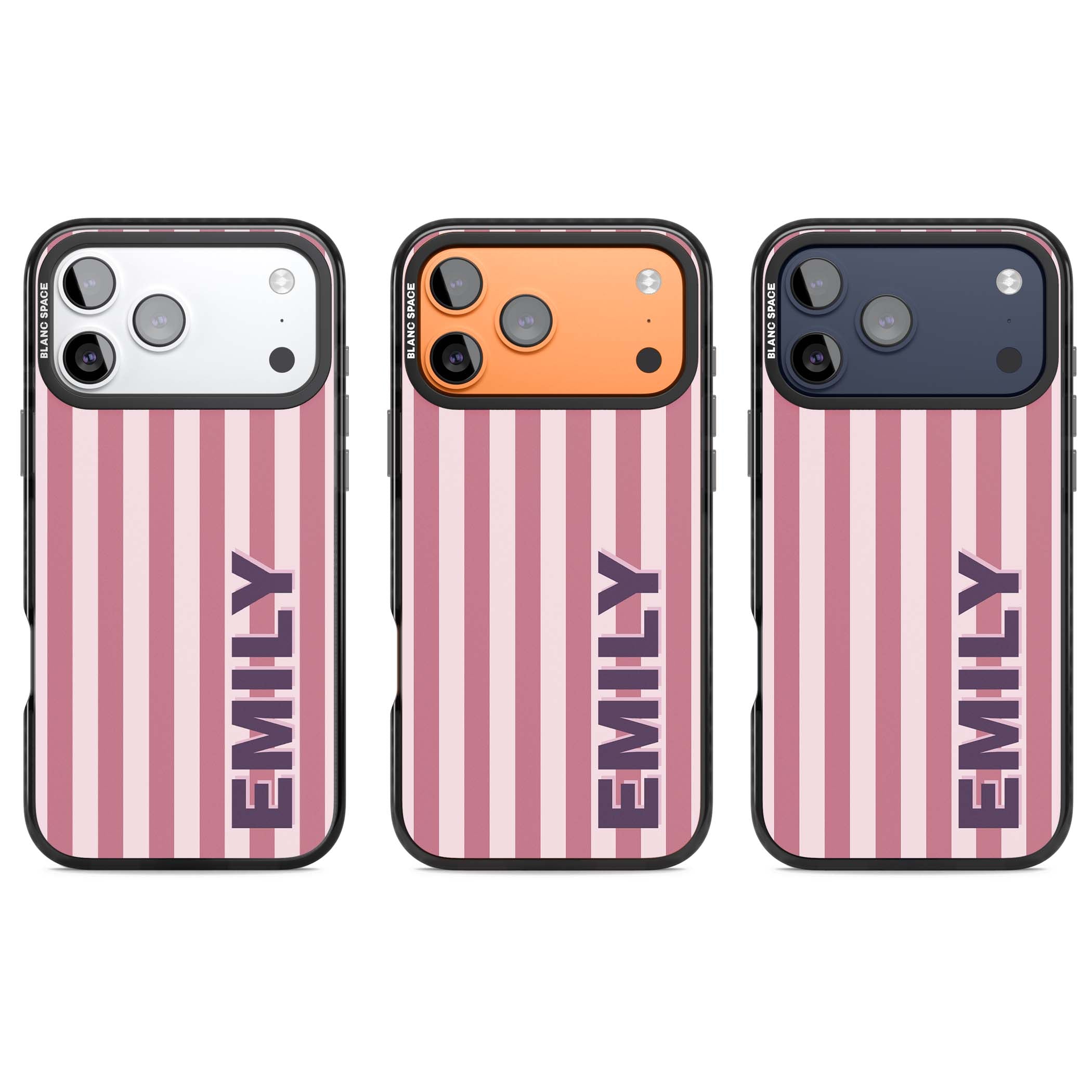 Victoria Stripe personalised iPhone case featuring pink vertical stripes and custom name in bold plum lettering | Black Impact Magsafe case for iPhone 17 Pro, iPhone 17 Pro Max