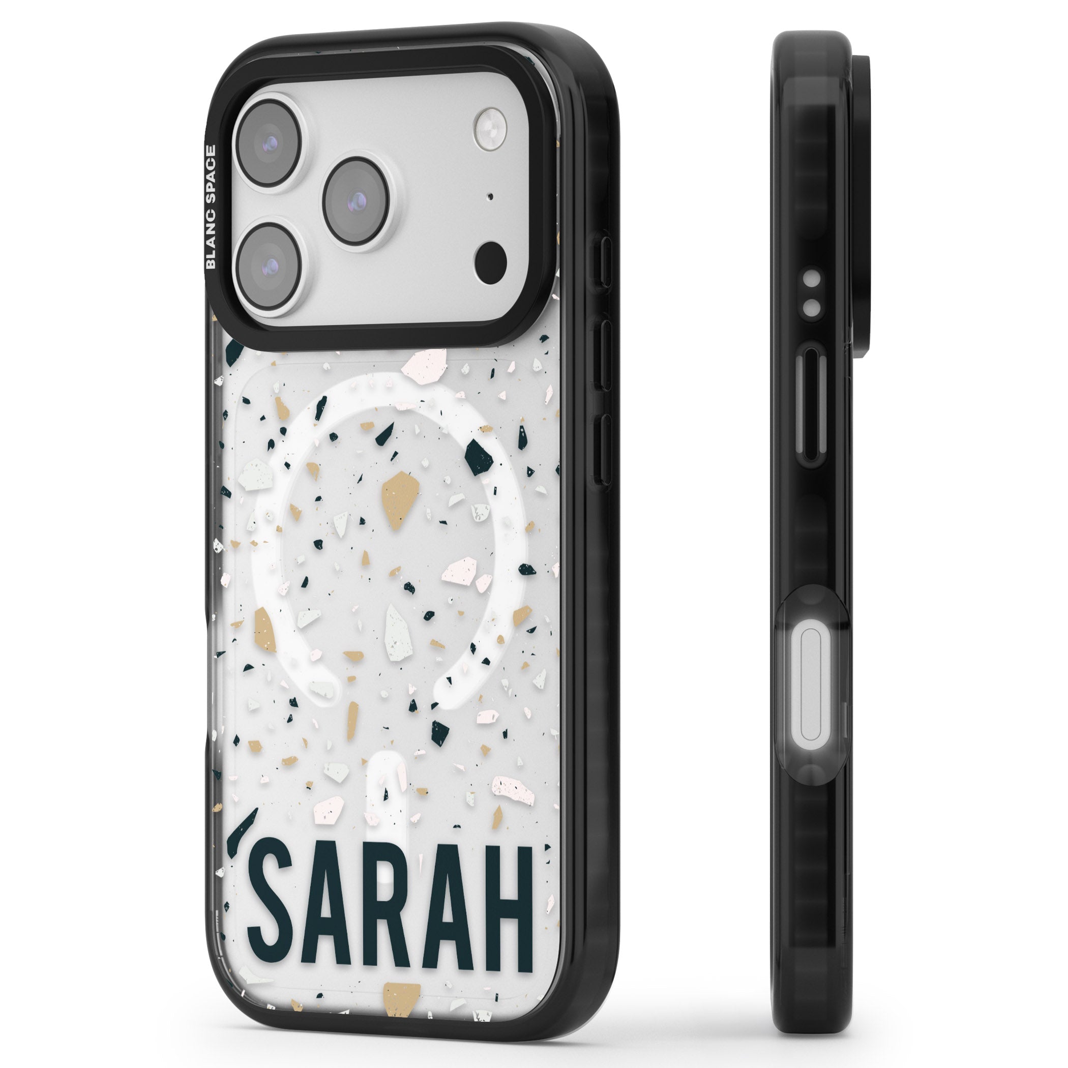 Personalised Terrazzo Blue, Pink, Brown iPhone 17 Pro Impact Pro Black Phone Case Side Profile