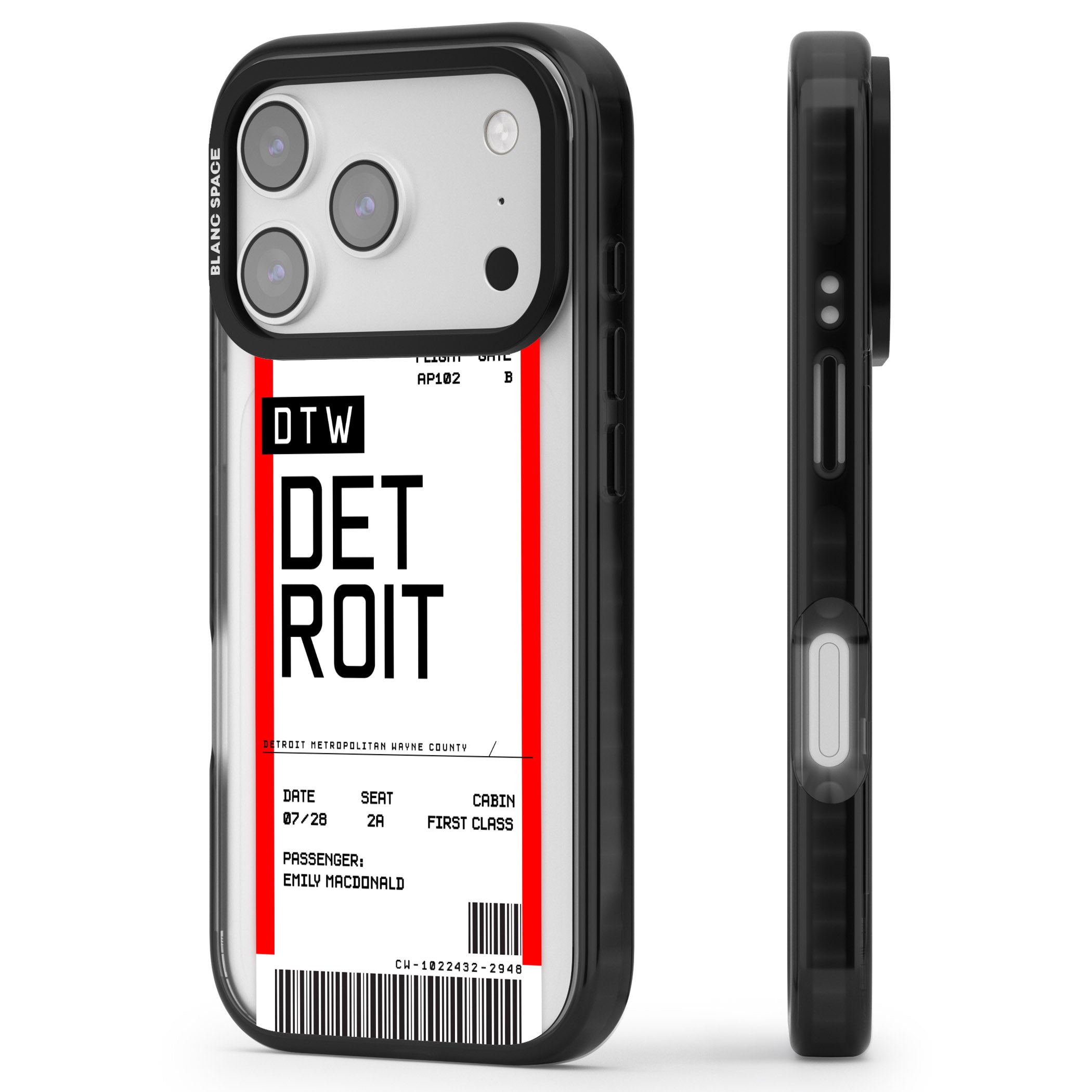 Personalised Detroit Boarding Pass iPhone 17 Pro Impact Pro Black Phone Case Side Profile