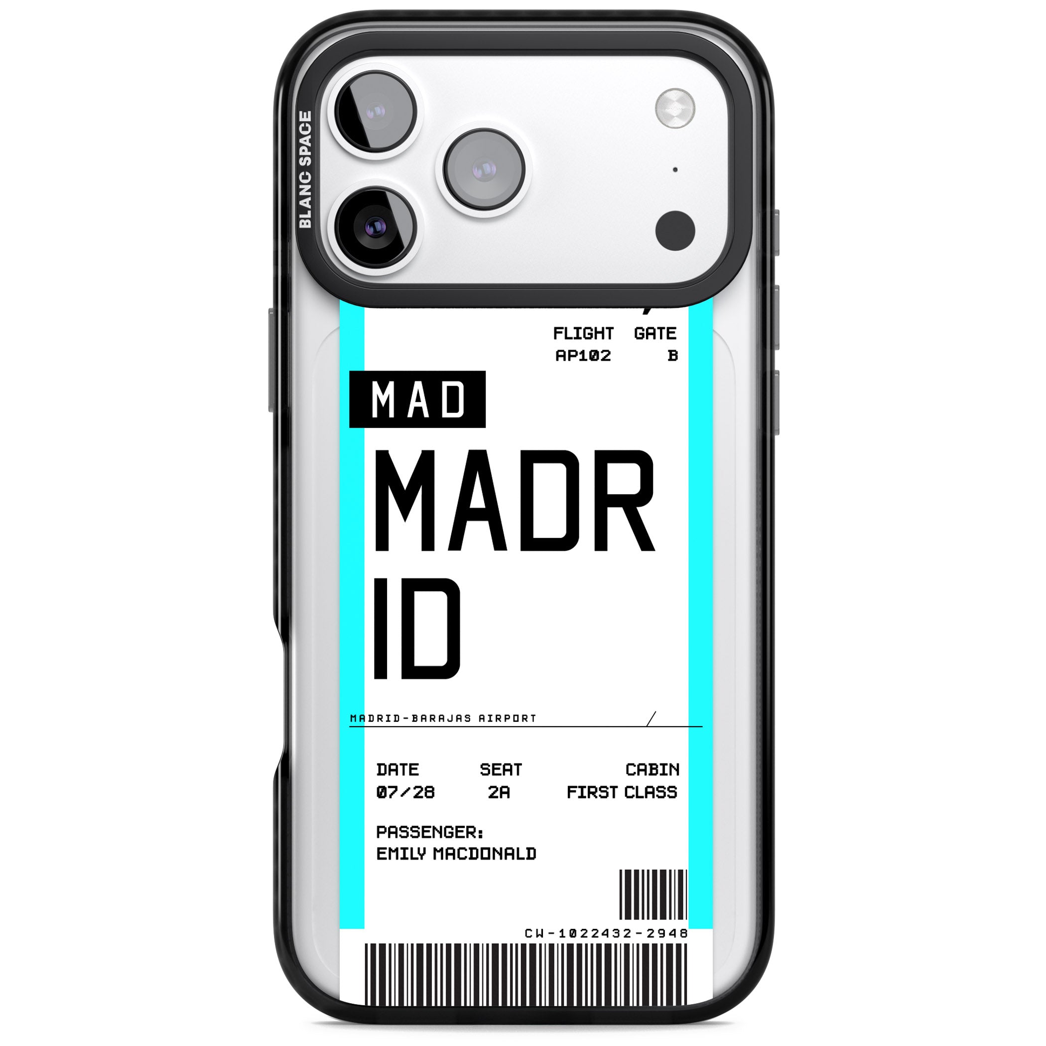 Personalised Madrid Boarding Pass iPhone 17 Pro Impact Pro Black Phone Case