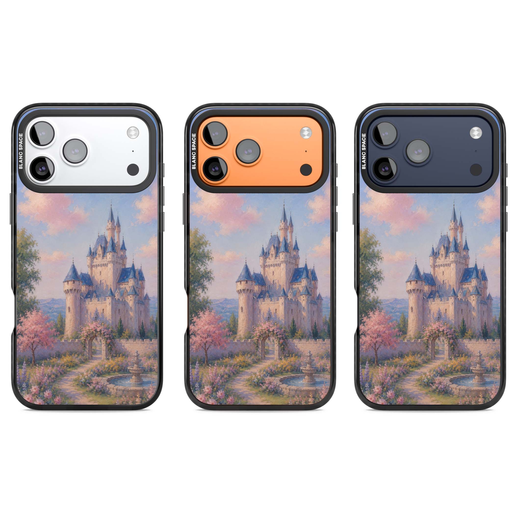 Enchanted Kingdom fairytale iPhone case featuring a romantic castle painting with cherry blossoms and pastel pink sky | Black Impact Magsafe case for iPhone 17 Pro, iPhone 17 Pro Max