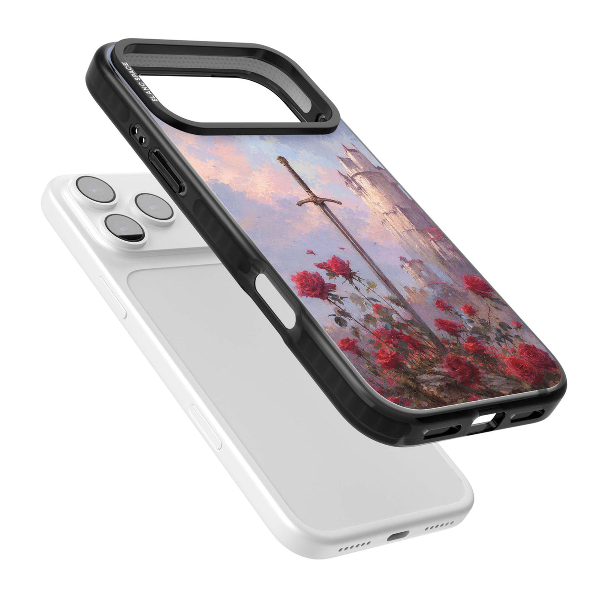 Sword in Roses medieval art iPhone case featuring a sword, red roses, and a misty fairytale castle at sunset | Black Impact Magsafe case for iPhone 17 Pro, iPhone 17 Pro Max