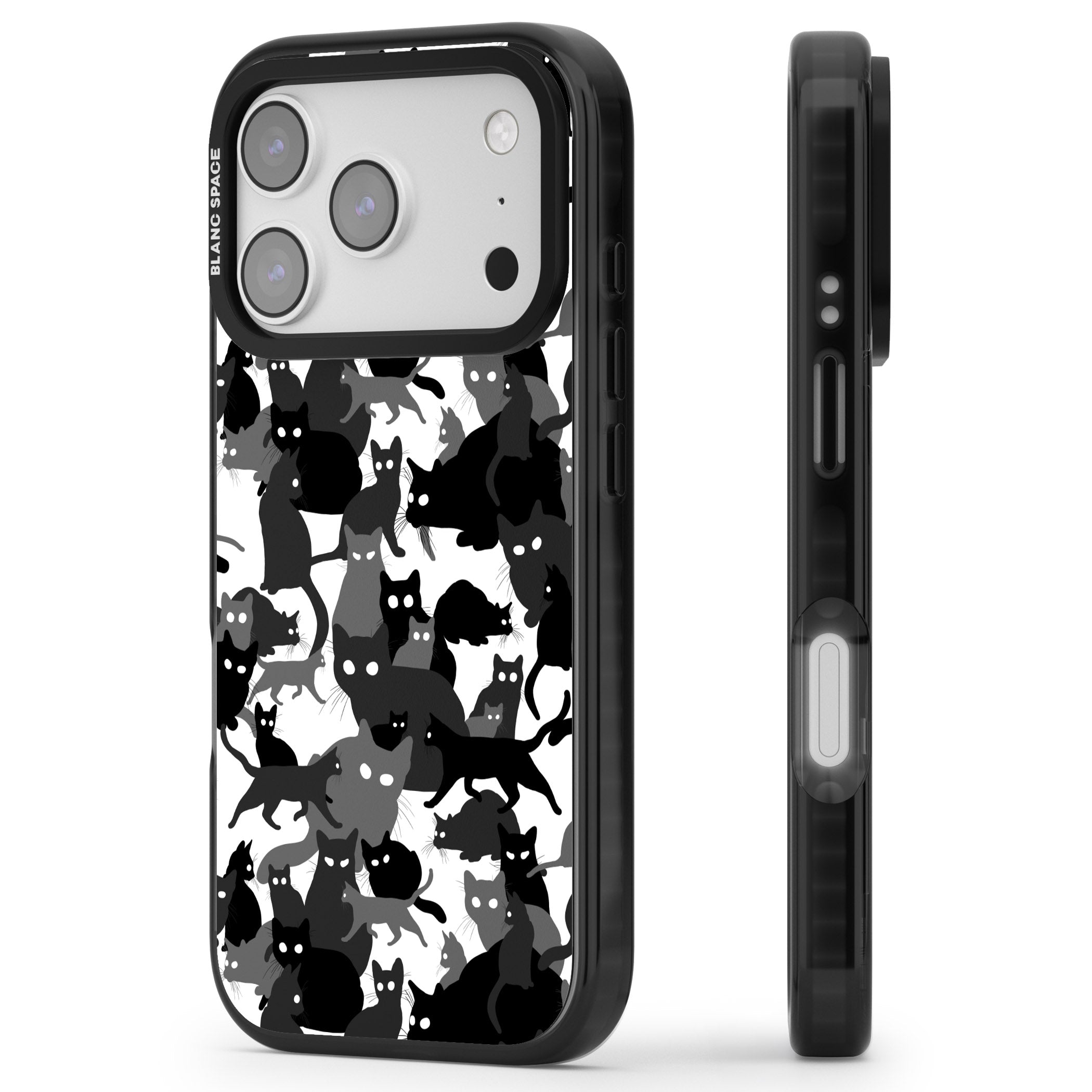 Black & White Cat Camouflage iPhone 17 Pro Impact Pro Black Phone Case Side Profile