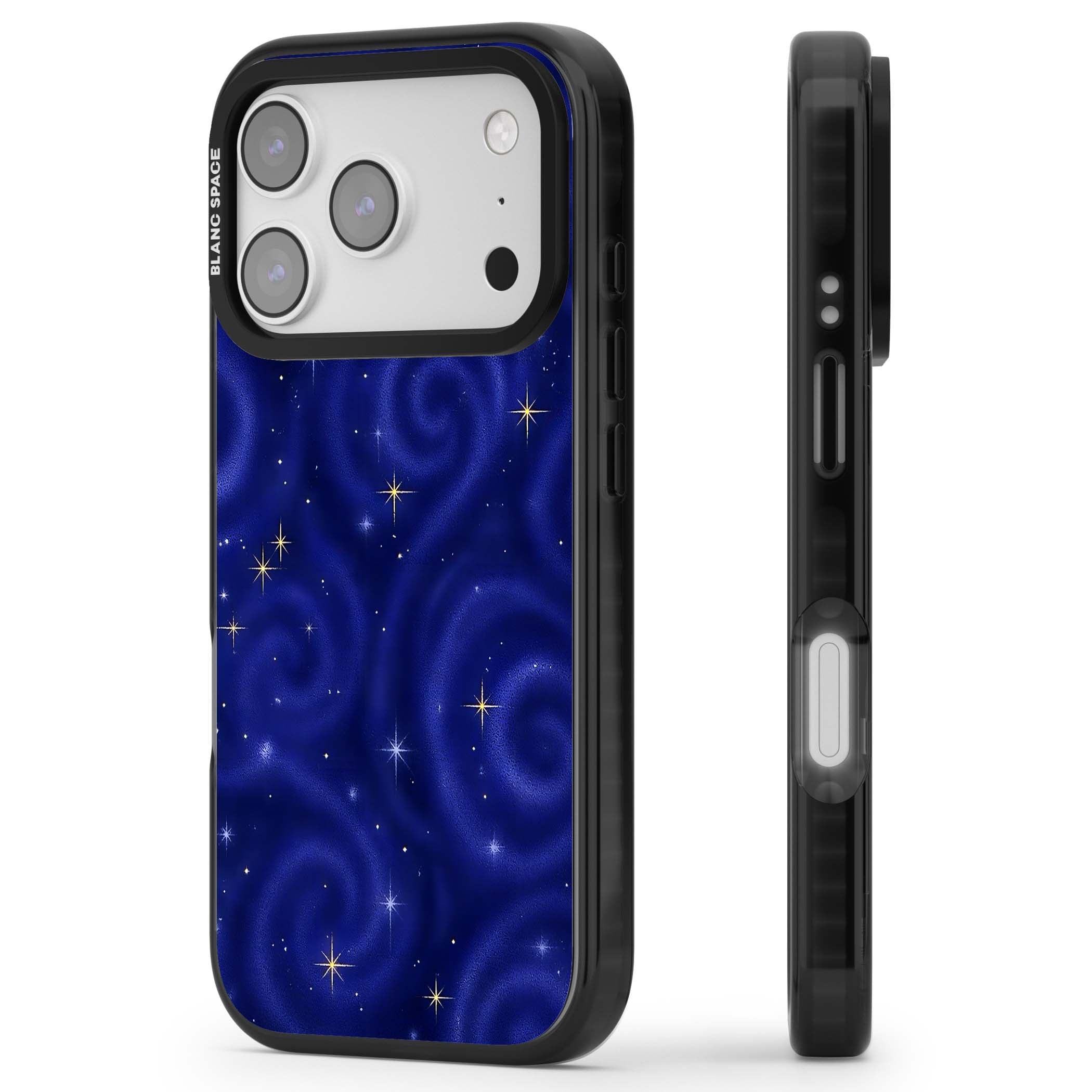 Indigo Cosmos celestial iPhone case featuring swirling navy night sky and sparkling golden stars | Black Impact Magsafe case for iPhone 17 Pro, iPhone 17 Pro Max
