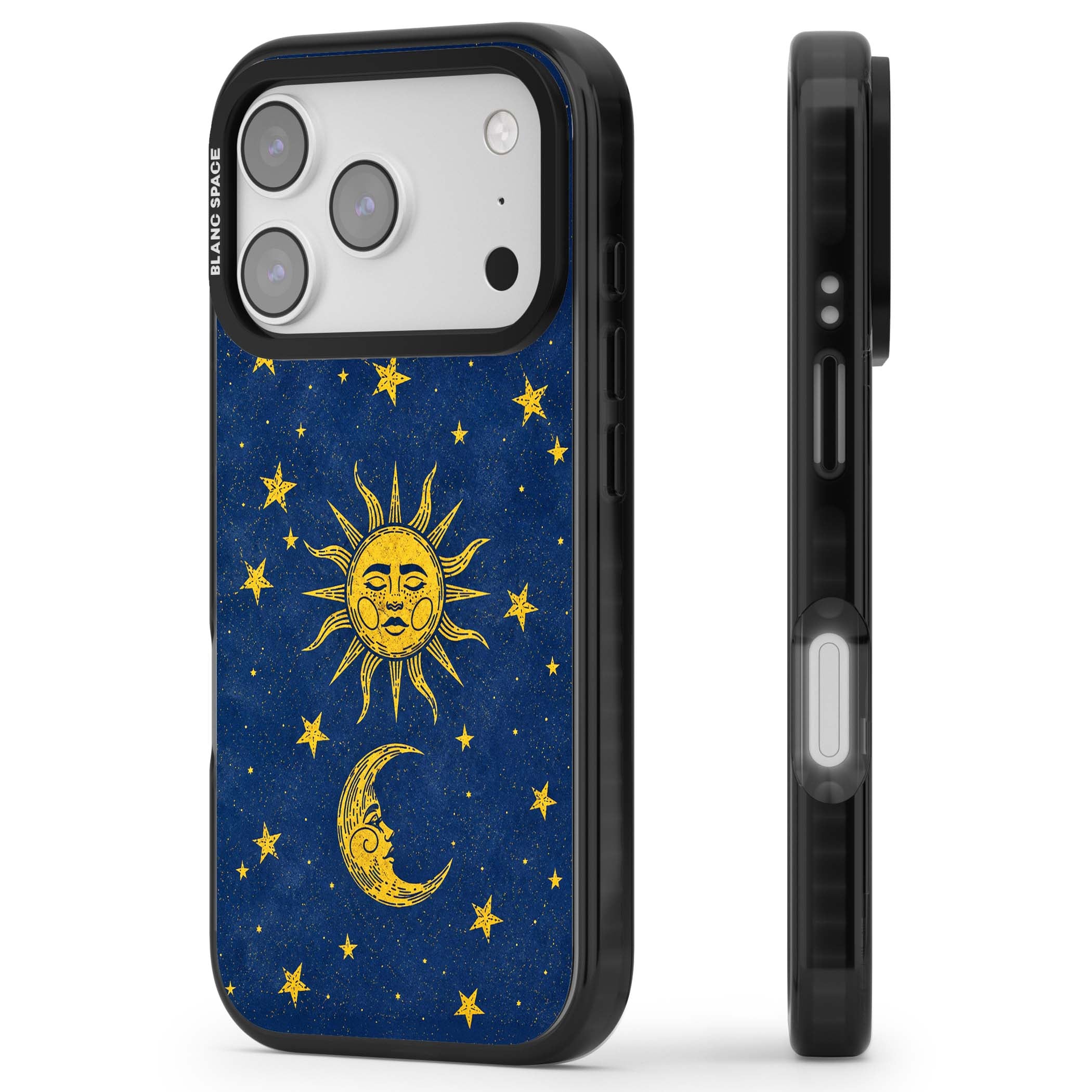 Sun & Moon Reverie celestial iPhone case featuring a vintage golden sun, crescent moon and scattered stars on midnight blue | Black Impact Magsafe case for iPhone 17 Pro, iPhone 17 Pro Max