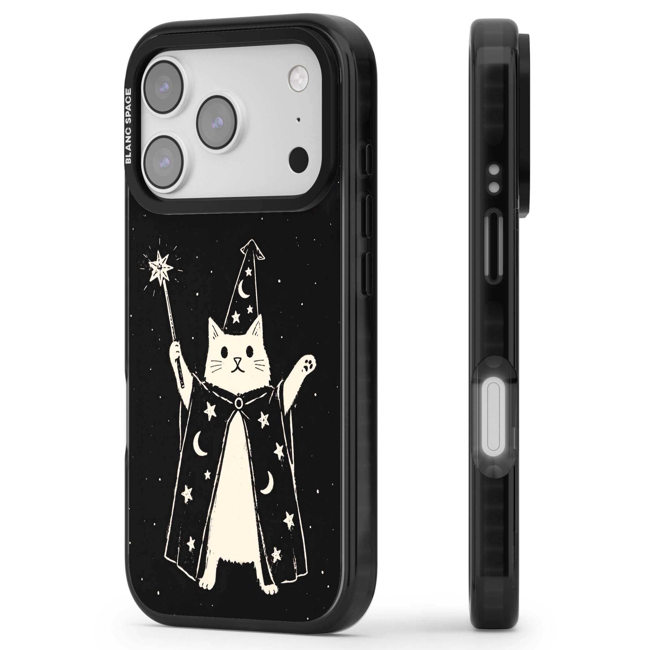 Whisker Wizard celestial cat iPhone case featuring a wizard cat with magic wand, starry night sky and crescent moons | Black Impact Magsafe case for iPhone 17 Pro, iPhone 17 Pro Max