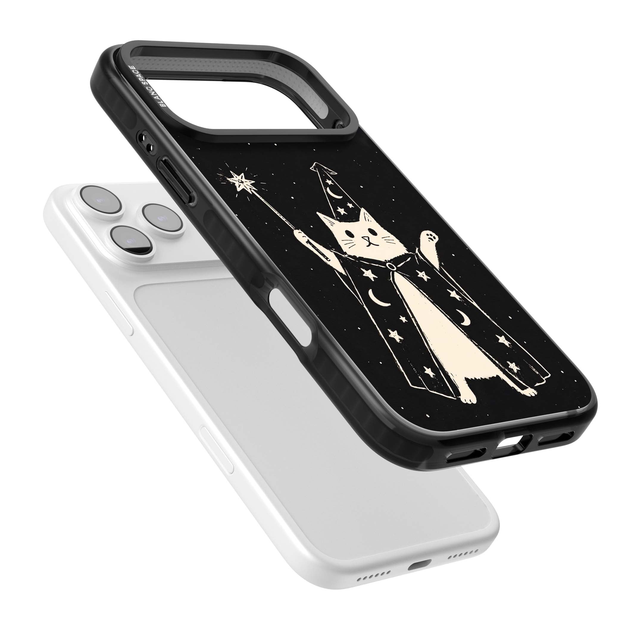 Whisker Wizard celestial cat iPhone case featuring a wizard cat with magic wand, starry night sky and crescent moons | Black Impact Magsafe case for iPhone 17 Pro, iPhone 17 Pro Max