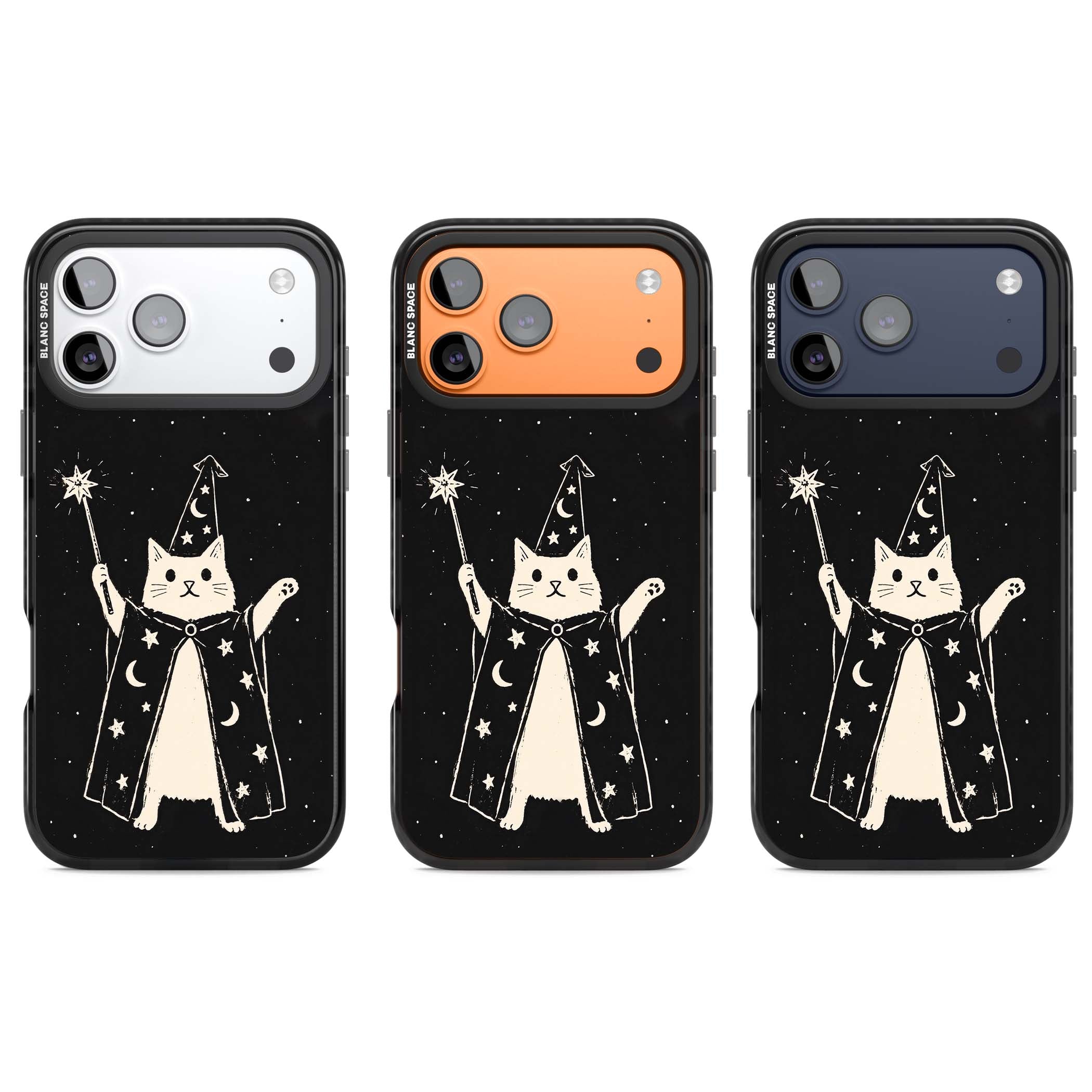Whisker Wizard celestial cat iPhone case featuring a wizard cat with magic wand, starry night sky and crescent moons | Black Impact Magsafe case for iPhone 17 Pro, iPhone 17 Pro Max