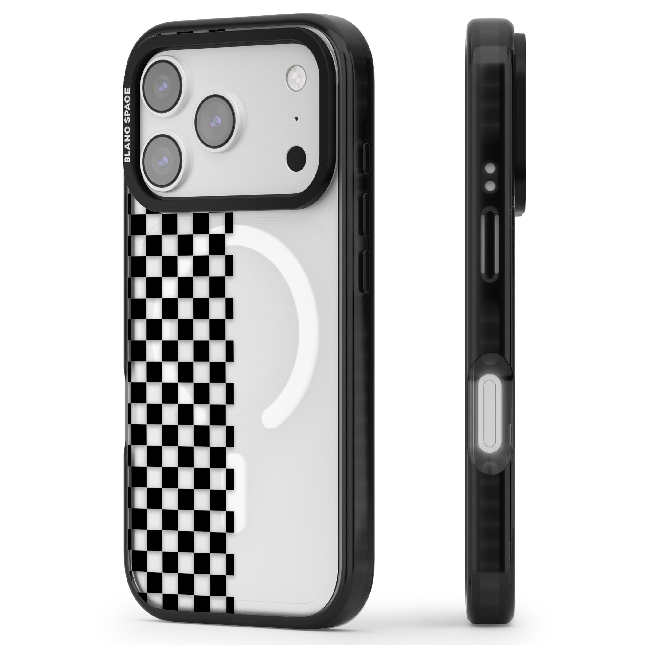 Checker: Half Black Check On Clear iPhone 17 Pro Impact Pro Black Phone Case Side Profile