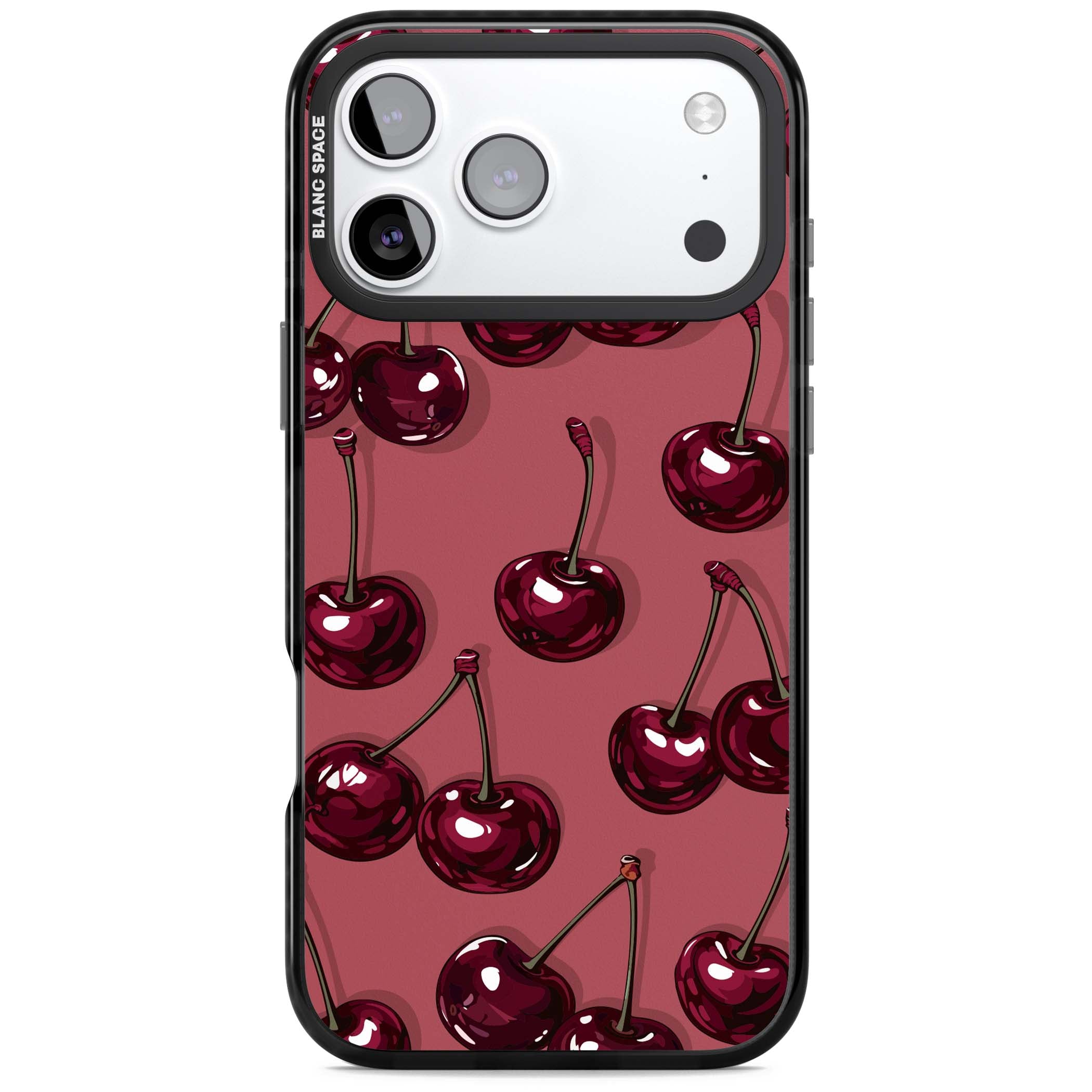 Cherry Rebel coquette iPhone case featuring glossy burgundy cherries on a dusty rose background | Black Impact Magsafe case for iPhone 17 Pro, iPhone 17 Pro Max