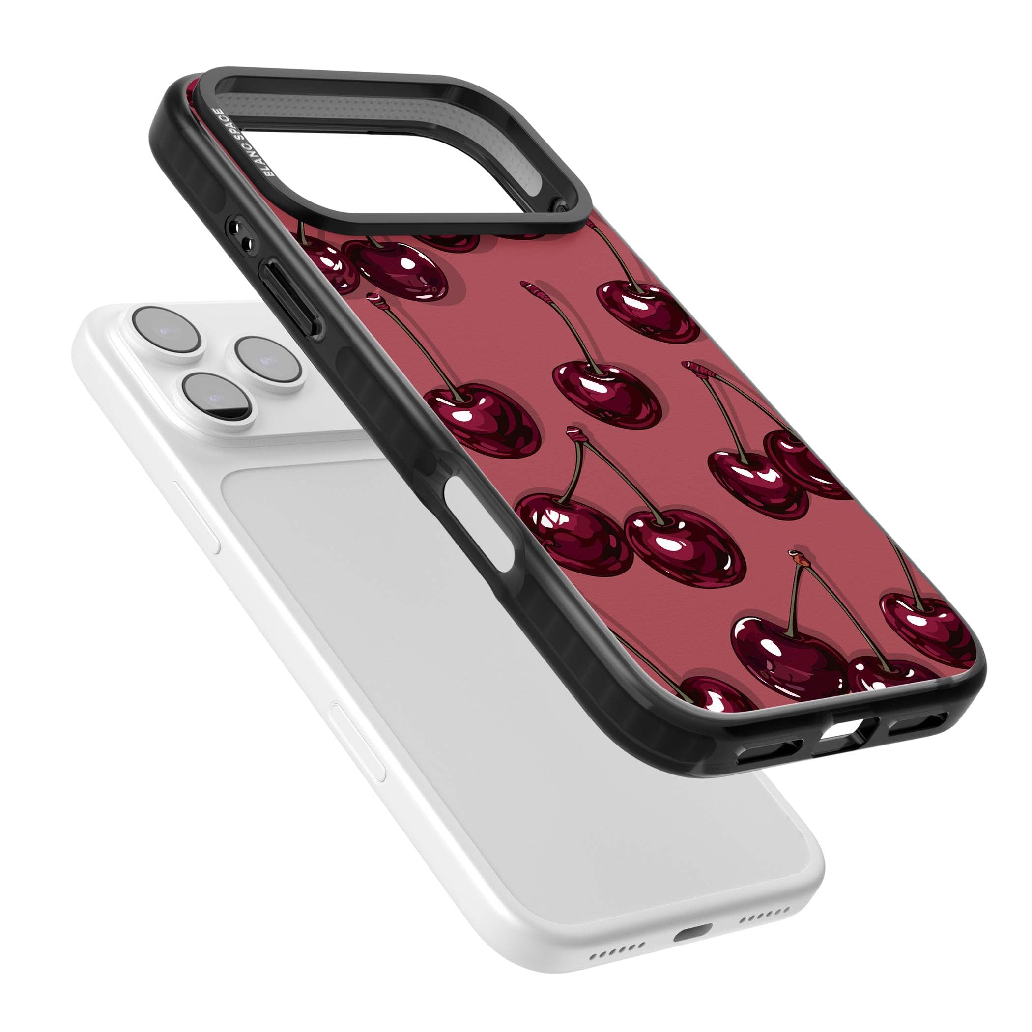 Cherry Rebel coquette iPhone case featuring glossy burgundy cherries on a dusty rose background | Black Impact Magsafe case for iPhone 17 Pro, iPhone 17 Pro Max