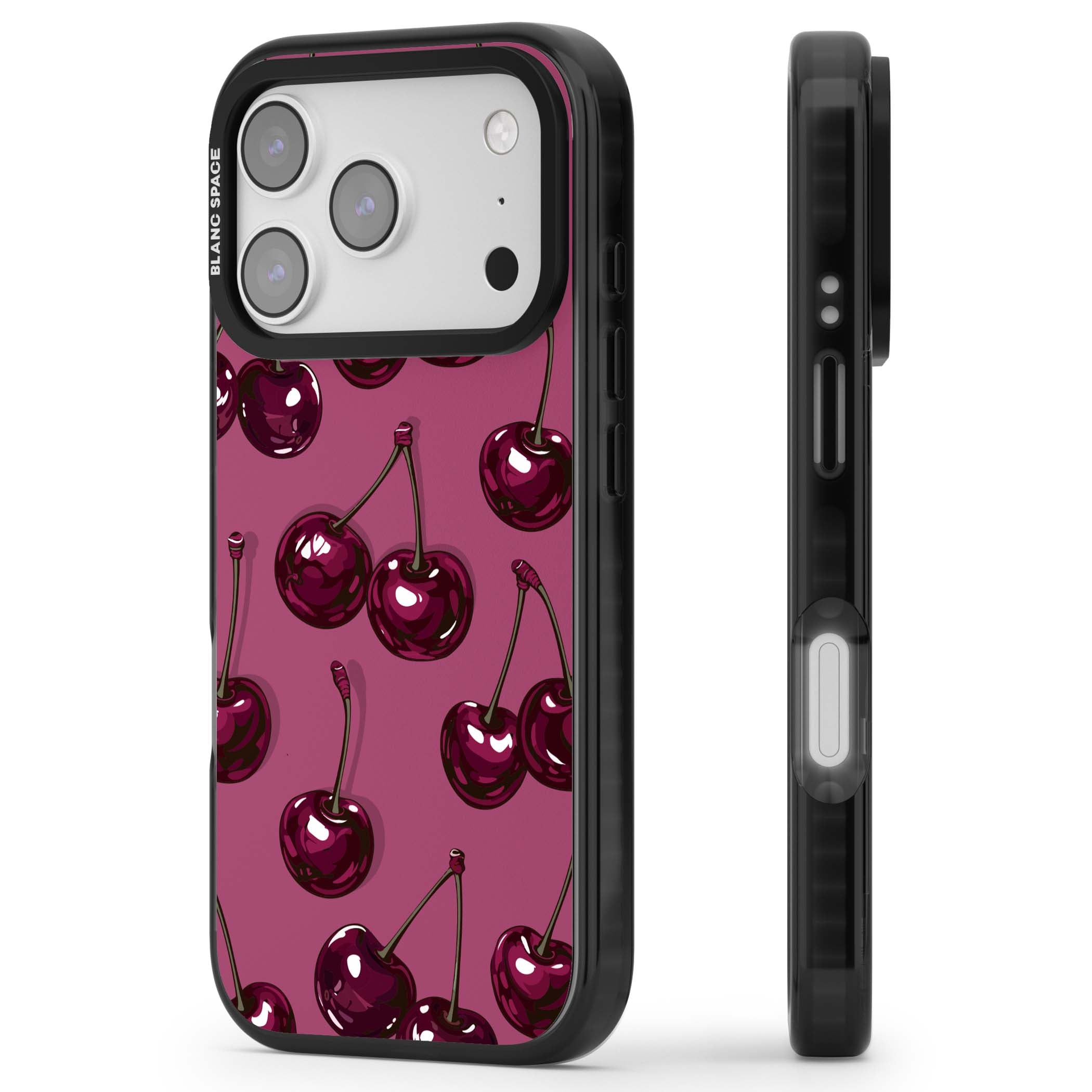 Cherry Soda coquette iPhone case featuring glossy burgundy cherries on a dusty pink background | Black Impact Magsafe case for iPhone 17 Pro, iPhone 17 Pro Max