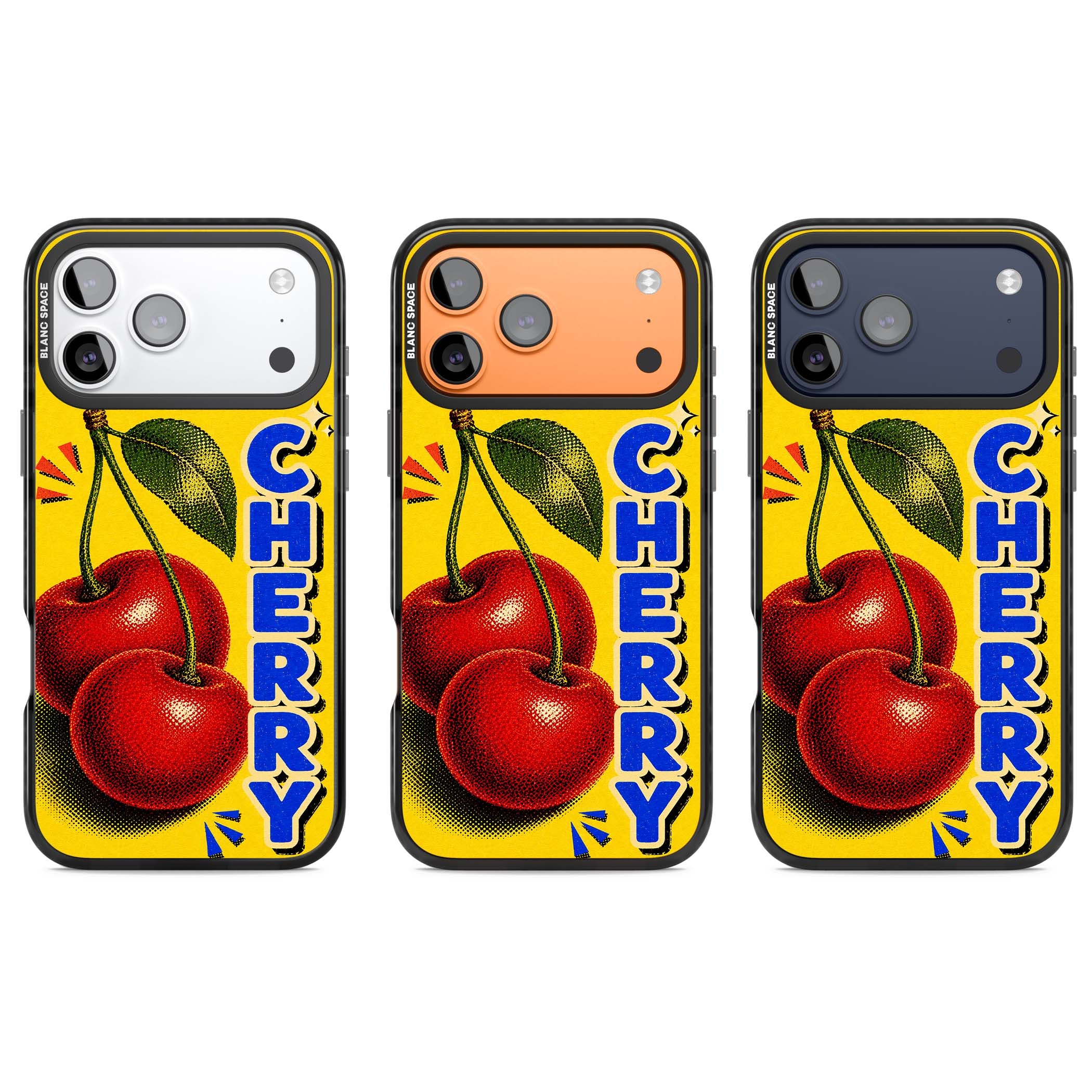 Cherry Yellow y2k iPhone case featuring two red cherries, halftone shading and bold blue CHERRY lettering on yellow | Black Impact Magsafe case for iPhone 17 Pro, iPhone 17 Pro Max