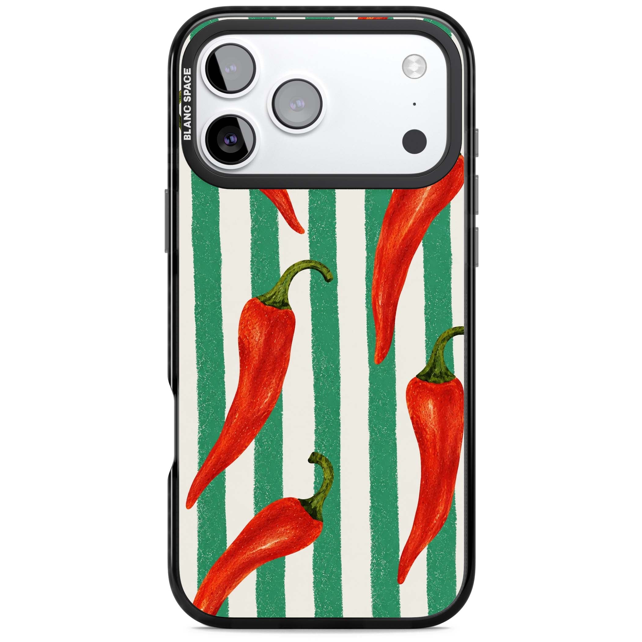 Striped Chillis coastal iPhone case featuring hand-painted red chili peppers on green and cream stripes | Black Impact Magsafe case for iPhone 17 Pro, iPhone 17 Pro Max