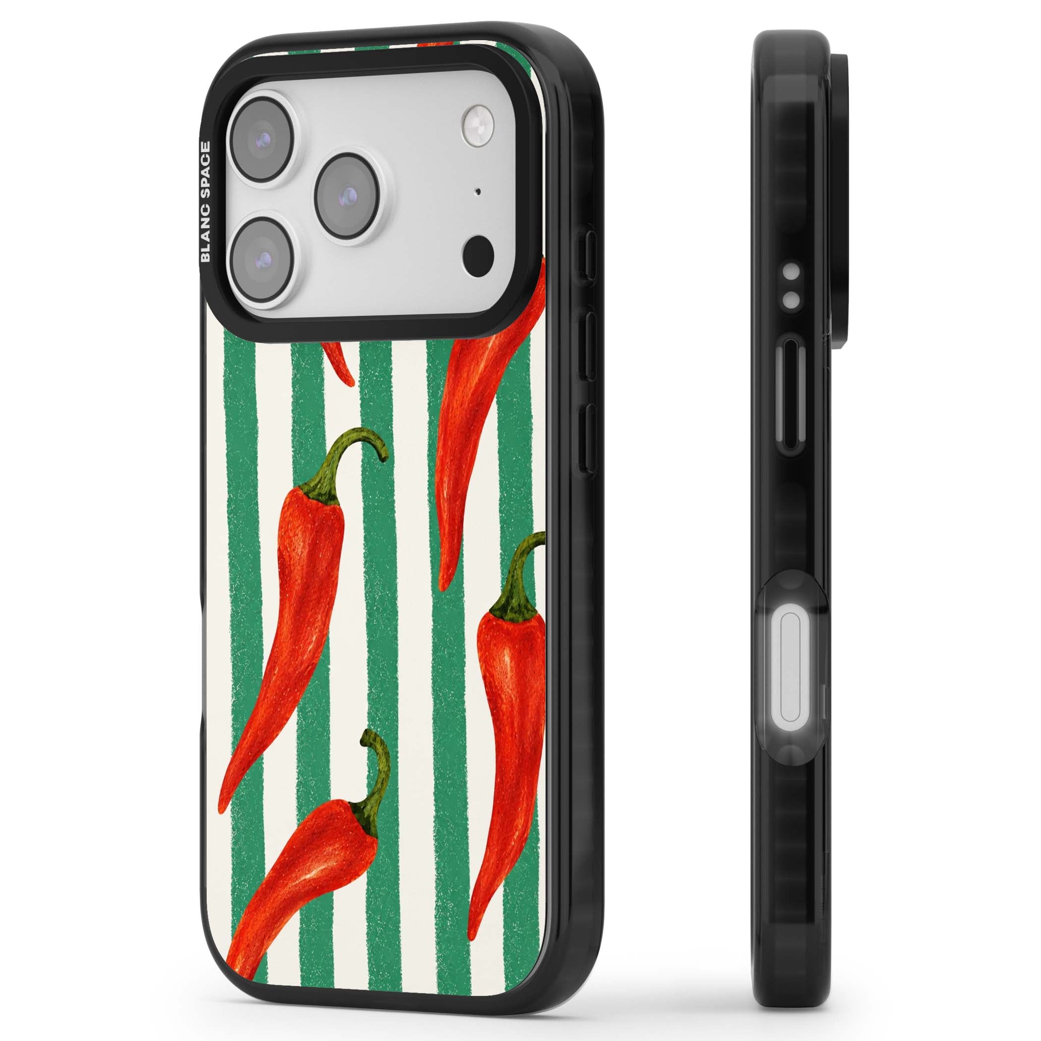 Striped Chillis coastal iPhone case featuring hand-painted red chili peppers on green and cream stripes | Black Impact Magsafe case for iPhone 17 Pro, iPhone 17 Pro Max