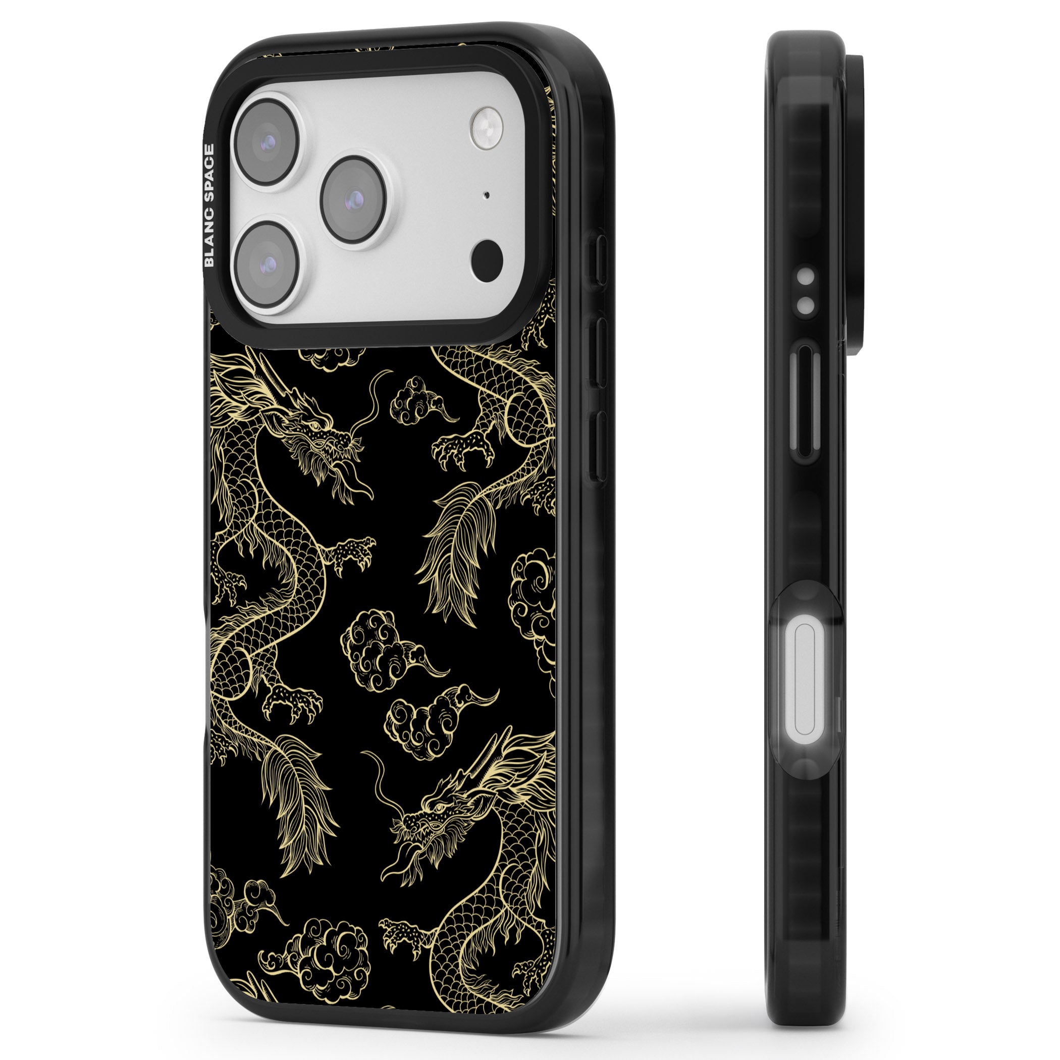 Black And Gold Dragon Pattern iPhone 17 Pro Impact Pro Black Phone Case Side Profile