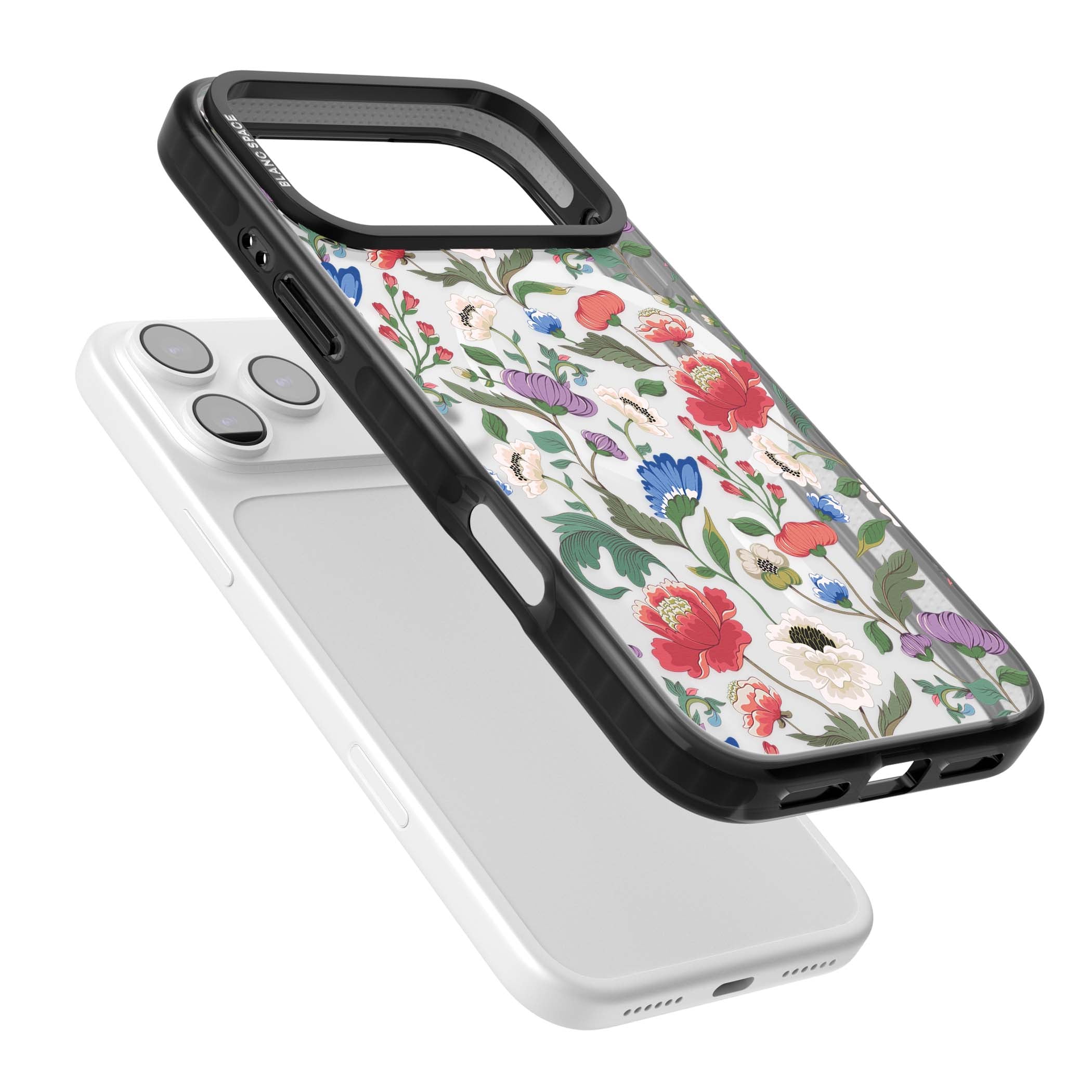 Chinoiserie Bloom vintage floral iPhone case featuring hand-painted peonies, poppies and trailing wildflowers on clear... | Black Impact Magsafe case for iPhone 17 Pro, iPhone 17 Pro Max