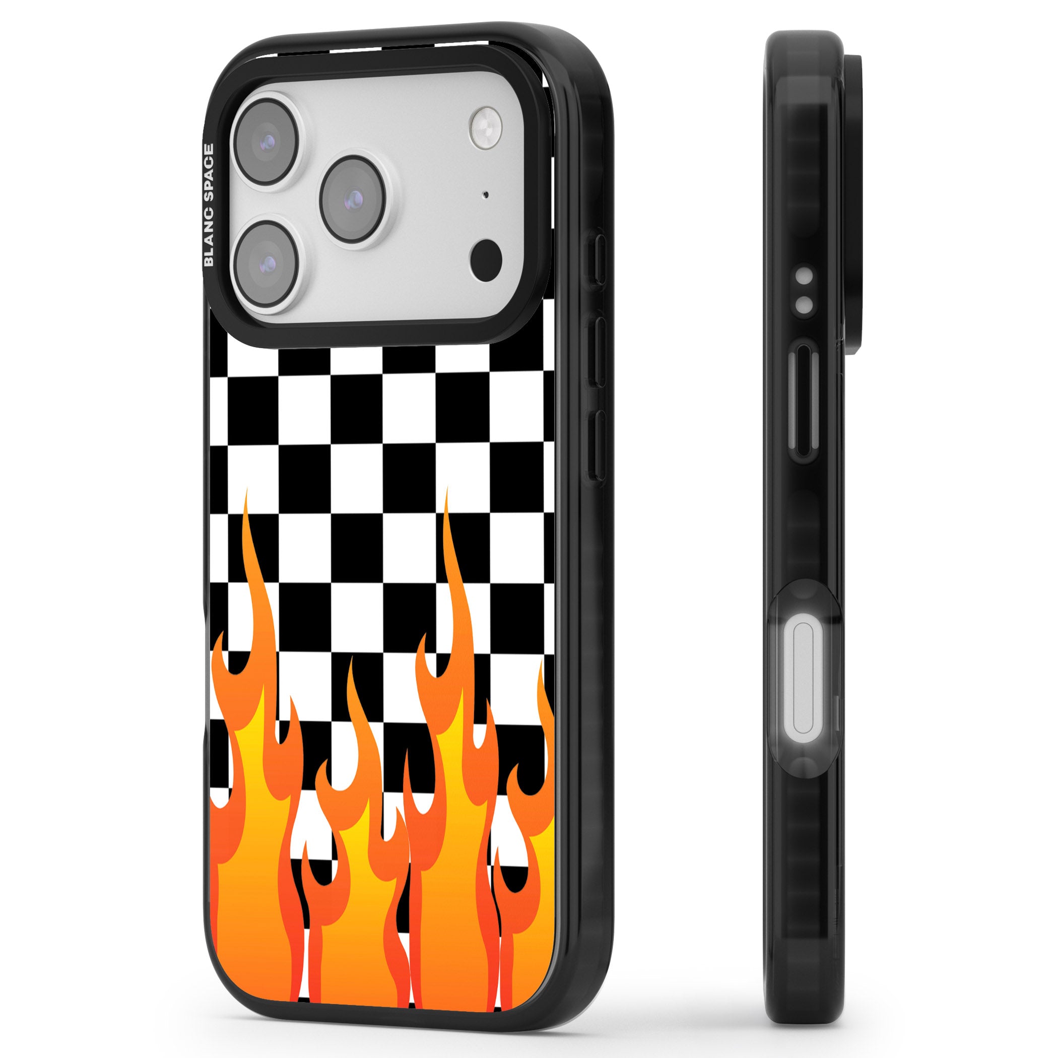 Checkered Fire iPhone 17 Pro Impact Pro Black Phone Case Side Profile