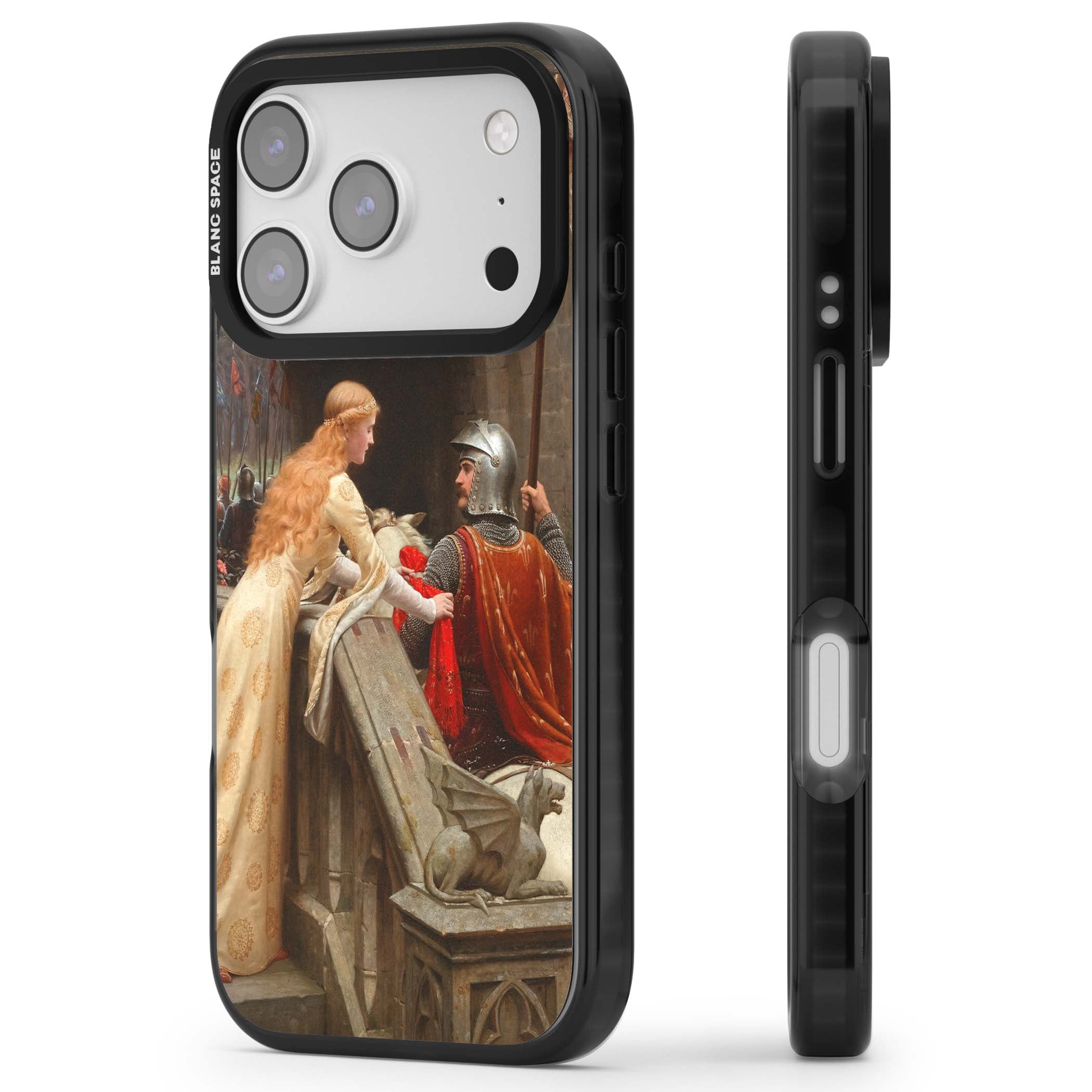 God Speed fine art iPhone case featuring Edmund Blair Leighton's medieval knight and lady beneath a stone archway | Black Impact Magsafe case for iPhone 17 Pro, iPhone 17 Pro Max