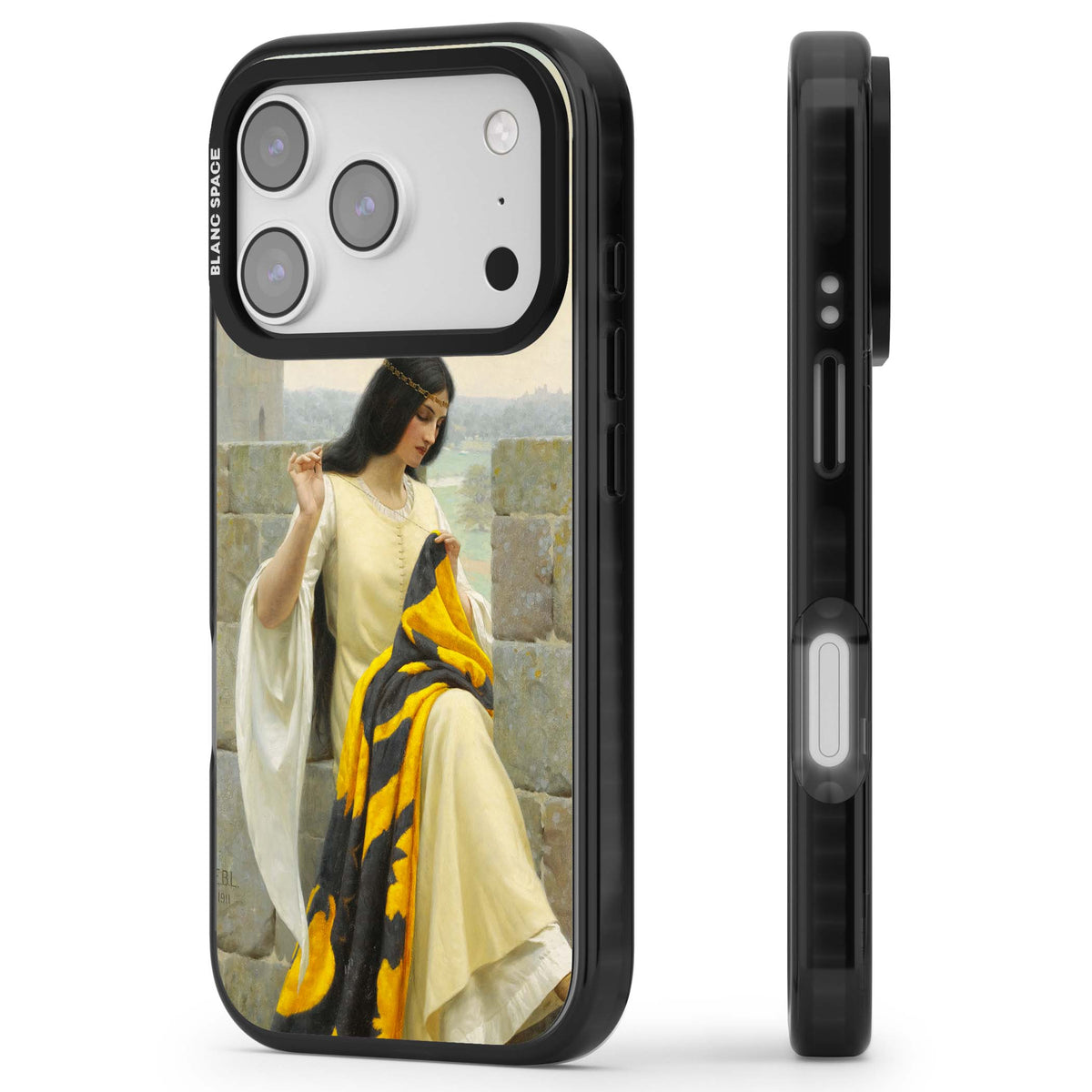Stitching the Standard renaissance art iPhone case featuring a medieval lady sewing a golden banner on a castle wall | Black Impact Magsafe case for iPhone 17 Pro, iPhone 17 Pro Max