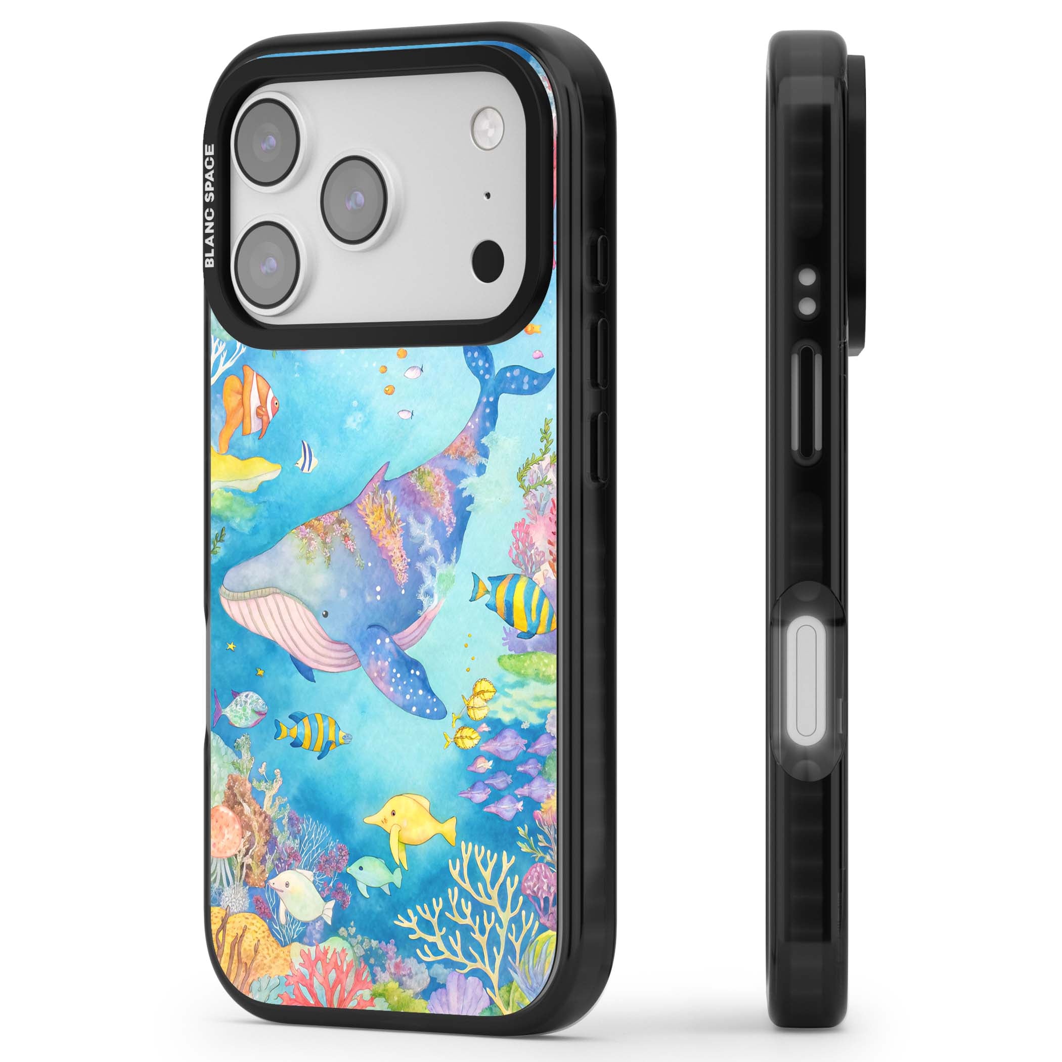 Coral Lagoon ocean iPhone case featuring a watercolour whale, coral reef and tropical fish | Black Impact Magsafe case for iPhone 17 Pro, iPhone 17 Pro Max