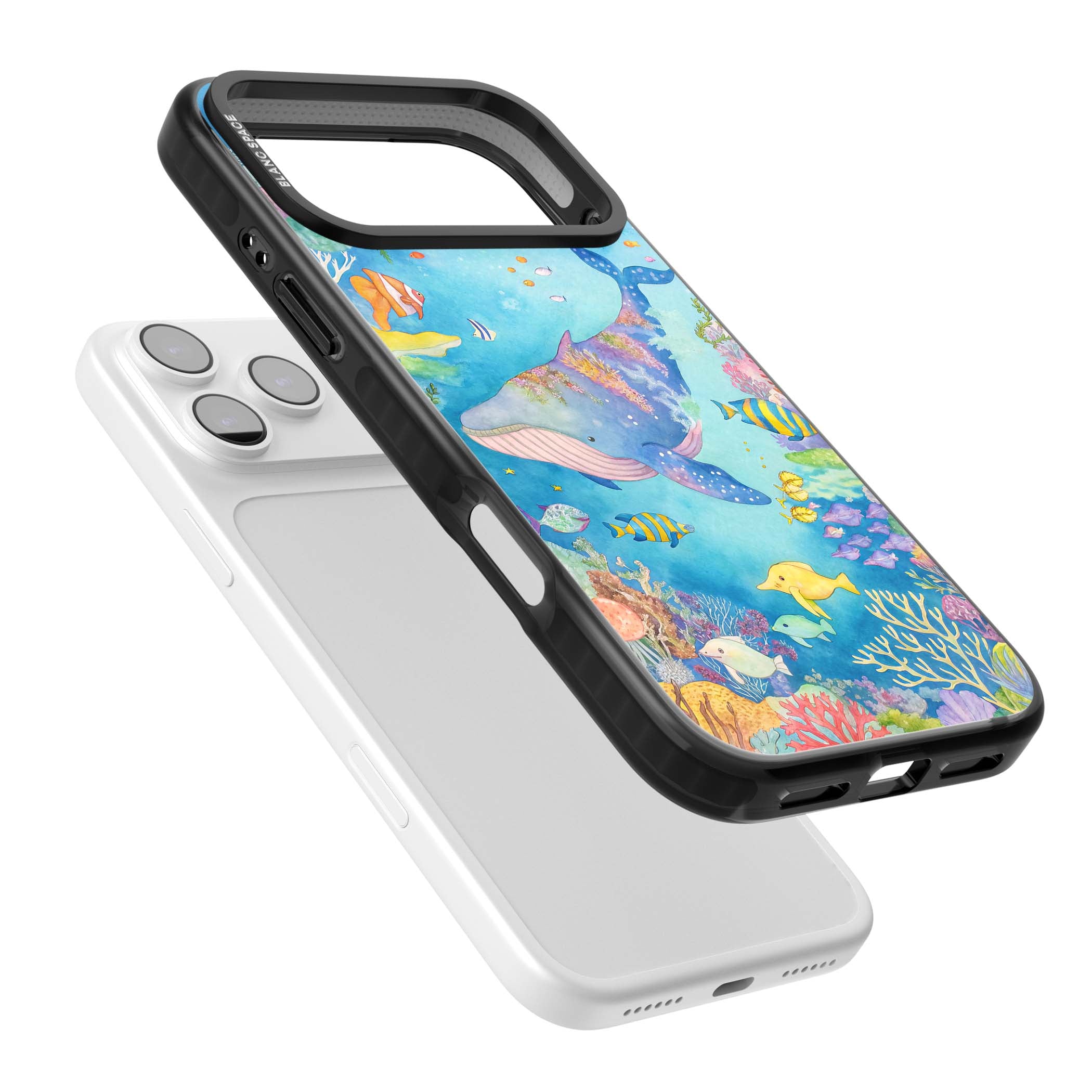 Coral Lagoon ocean iPhone case featuring a watercolour whale, coral reef and tropical fish | Black Impact Magsafe case for iPhone 17 Pro, iPhone 17 Pro Max