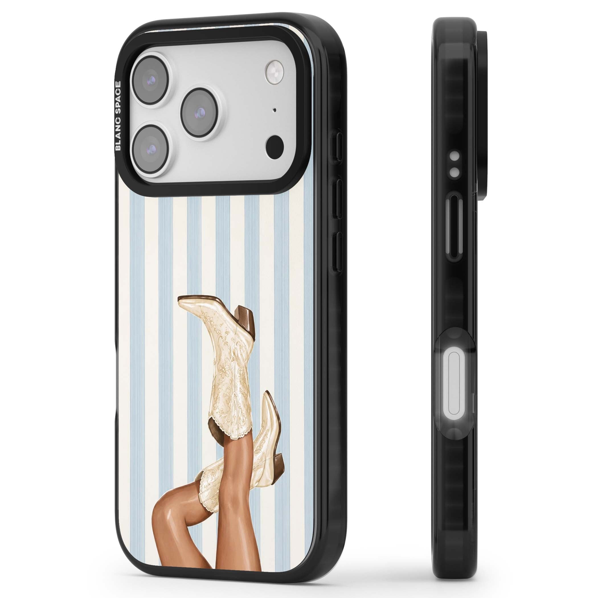 Cowgirl Boots coastal cowgirl iPhone case featuring embroidered western boots, tanned legs and a blue stripe backdrop | Black Impact Magsafe case for iPhone 17 Pro, iPhone 17 Pro Max