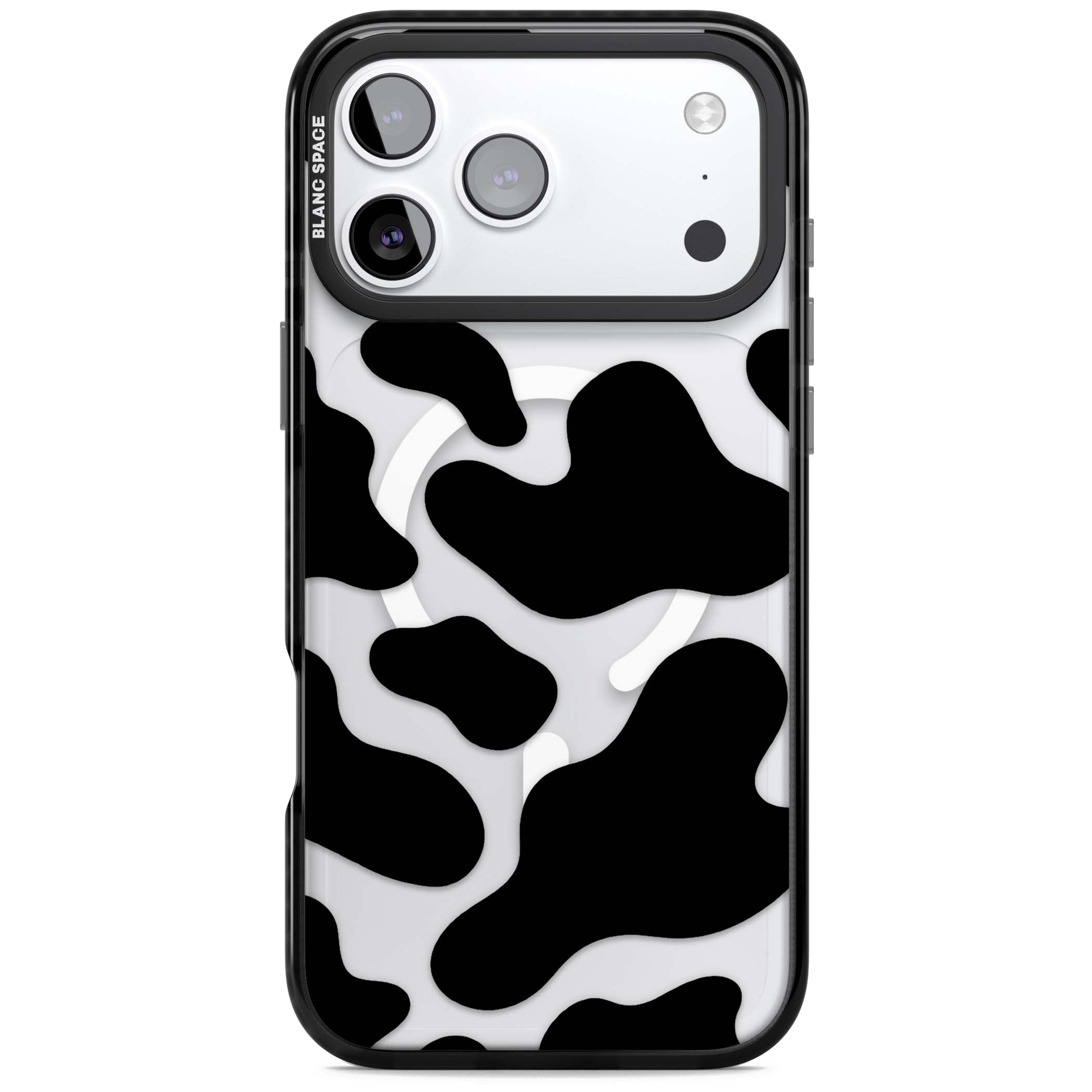 Clear Cow Print cow print iPhone case featuring black and white cow pattern splotches on a clear background | Black Impact Magsafe case for iPhone 17 Pro, iPhone 17 Pro Max