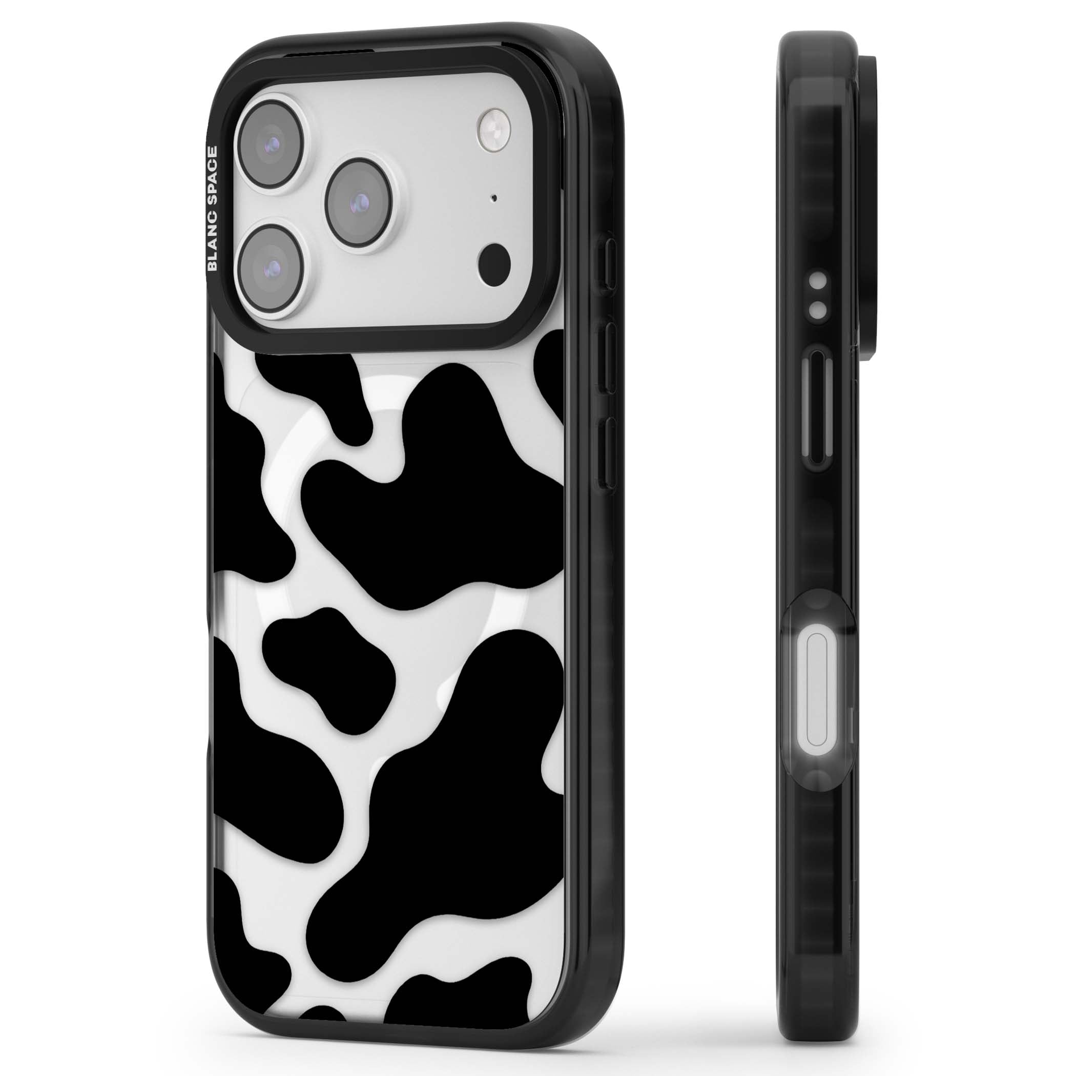 Clear Cow Print cow print iPhone case featuring black and white cow pattern splotches on a clear background | Black Impact Magsafe case for iPhone 17 Pro, iPhone 17 Pro Max