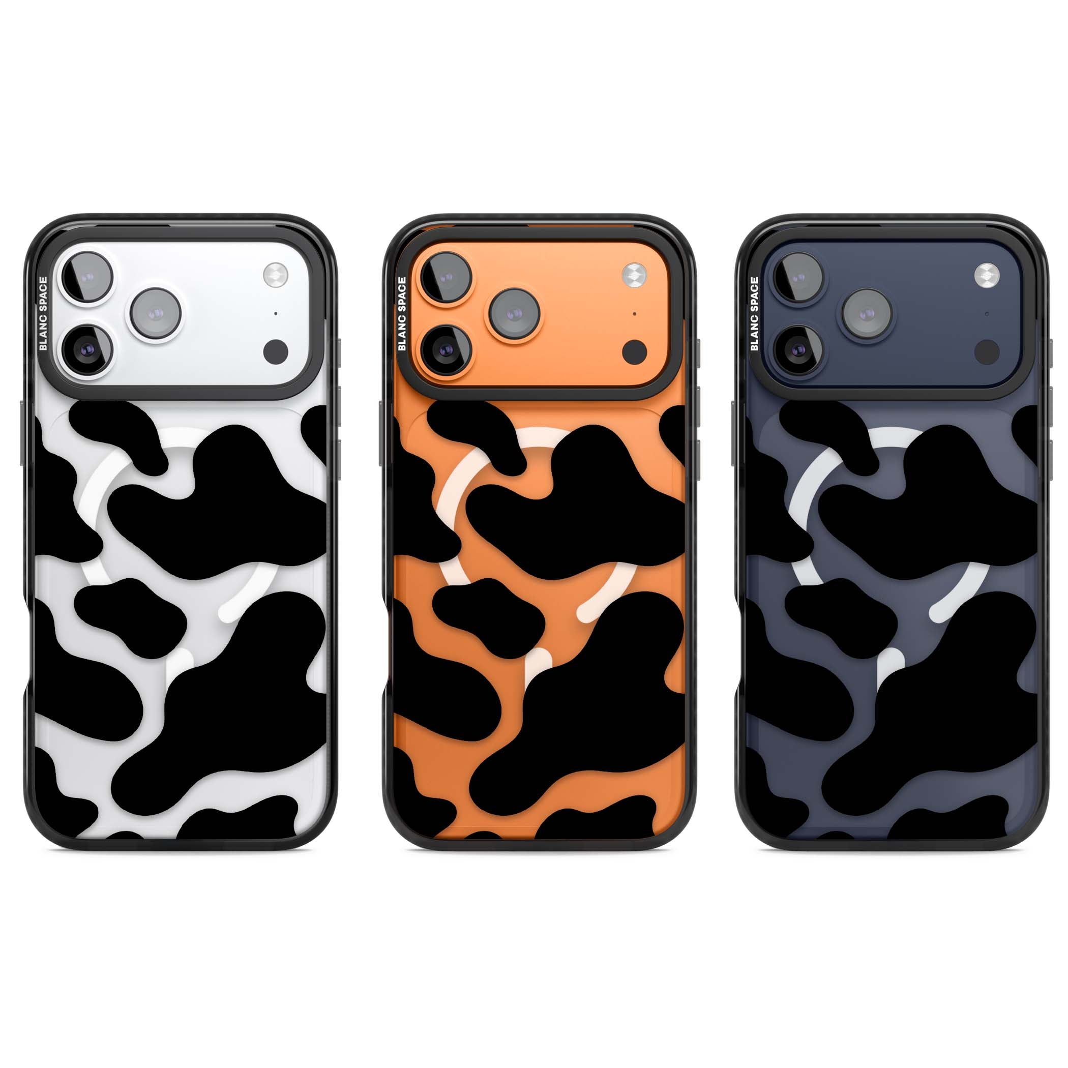 Clear Cow Print cow print iPhone case featuring black and white cow pattern splotches on a clear background | Black Impact Magsafe case for iPhone 17 Pro, iPhone 17 Pro Max
