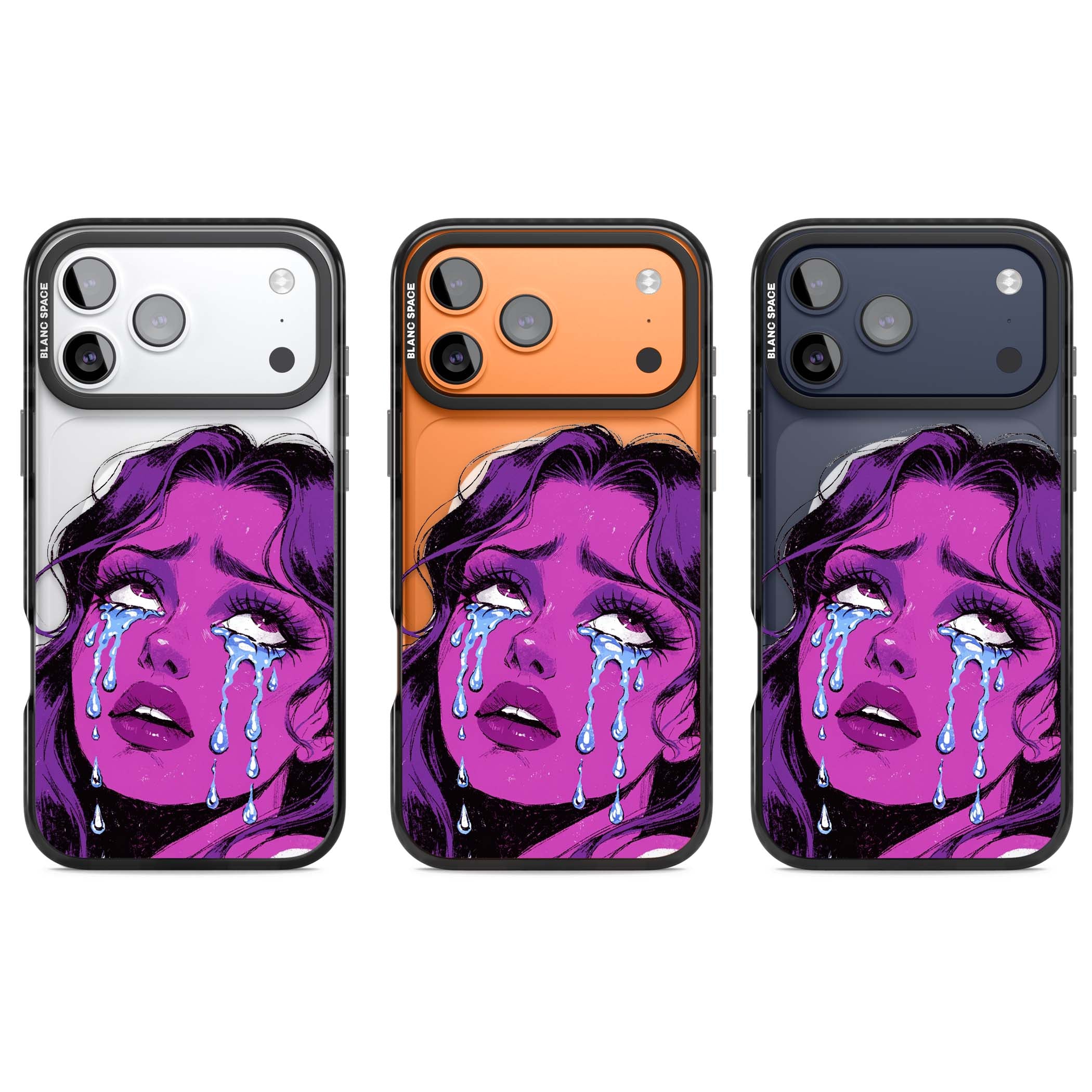Drama Queen pop art iPhone case featuring a purple crying comic girl with blue tears | Black Impact Magsafe case for iPhone 17 Pro, iPhone 17 Pro Max