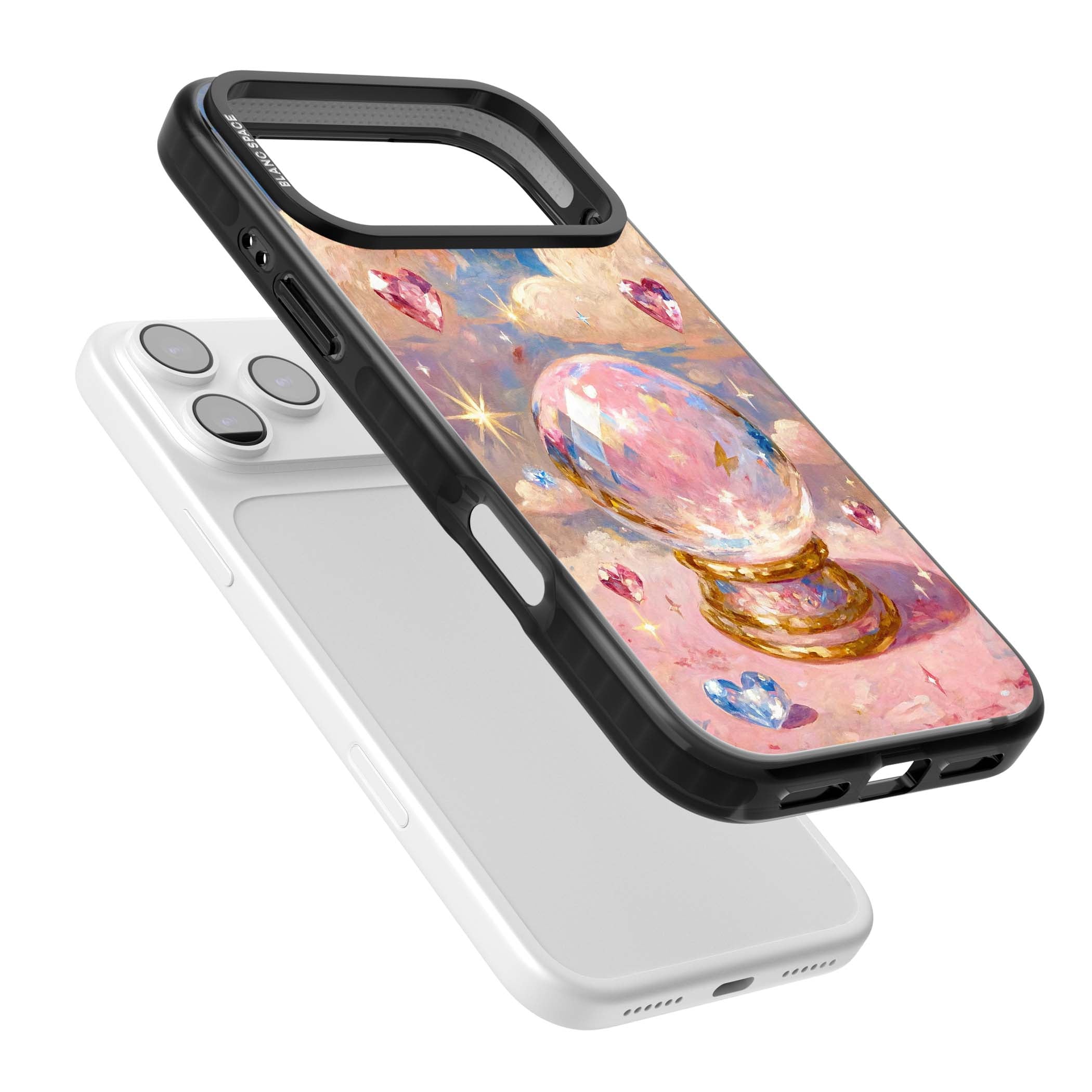 Crystal Ball fairycore iPhone case featuring a painted crystal ball, heart gemstones, and pastel clouds | Black Impact Magsafe case for iPhone 17 Pro, iPhone 17 Pro Max
