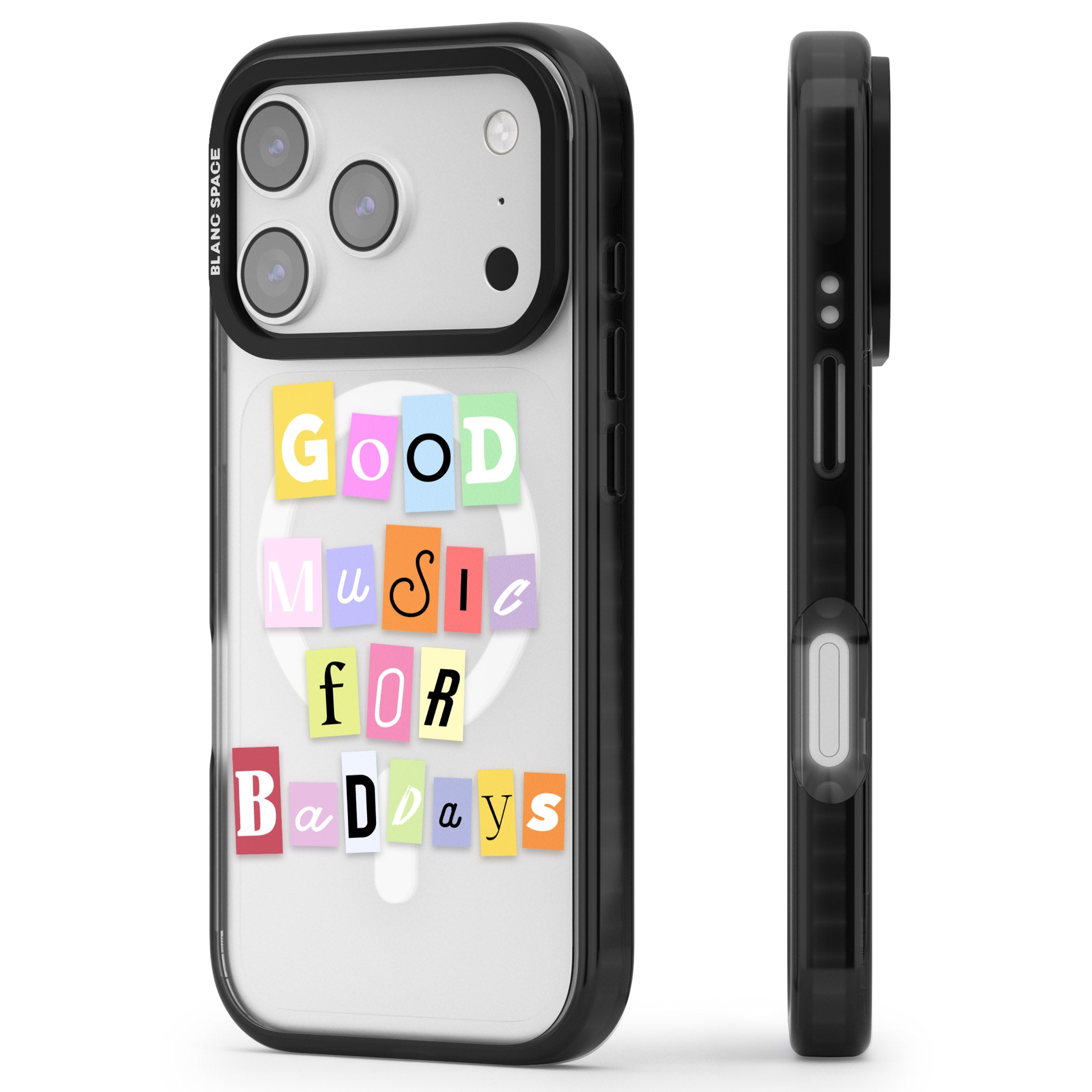 Good Music For Bad Days iPhone 17 Pro Impact Pro Black Phone Case Side Profile