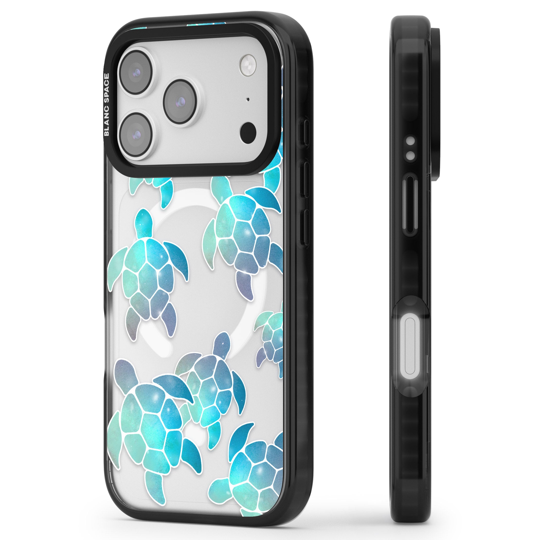 Aqua Space Turtles iPhone 17 Pro Impact Pro Black Phone Case Side Profile