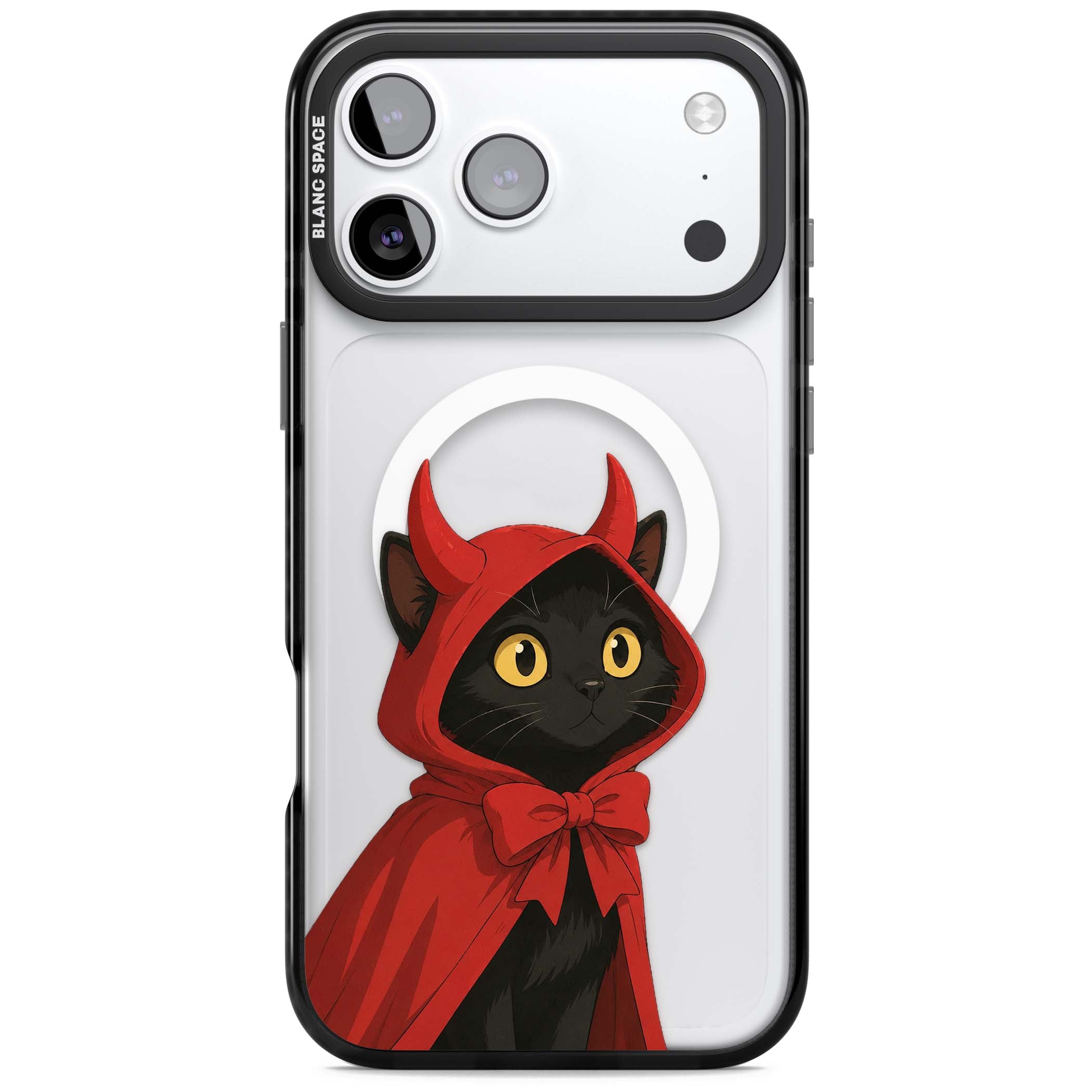Little Devil halloween iPhone case featuring a black cat in a red hooded devil cloak with horns and golden eyes | Black Impact Magsafe case for iPhone 17 Pro, iPhone 17 Pro Max