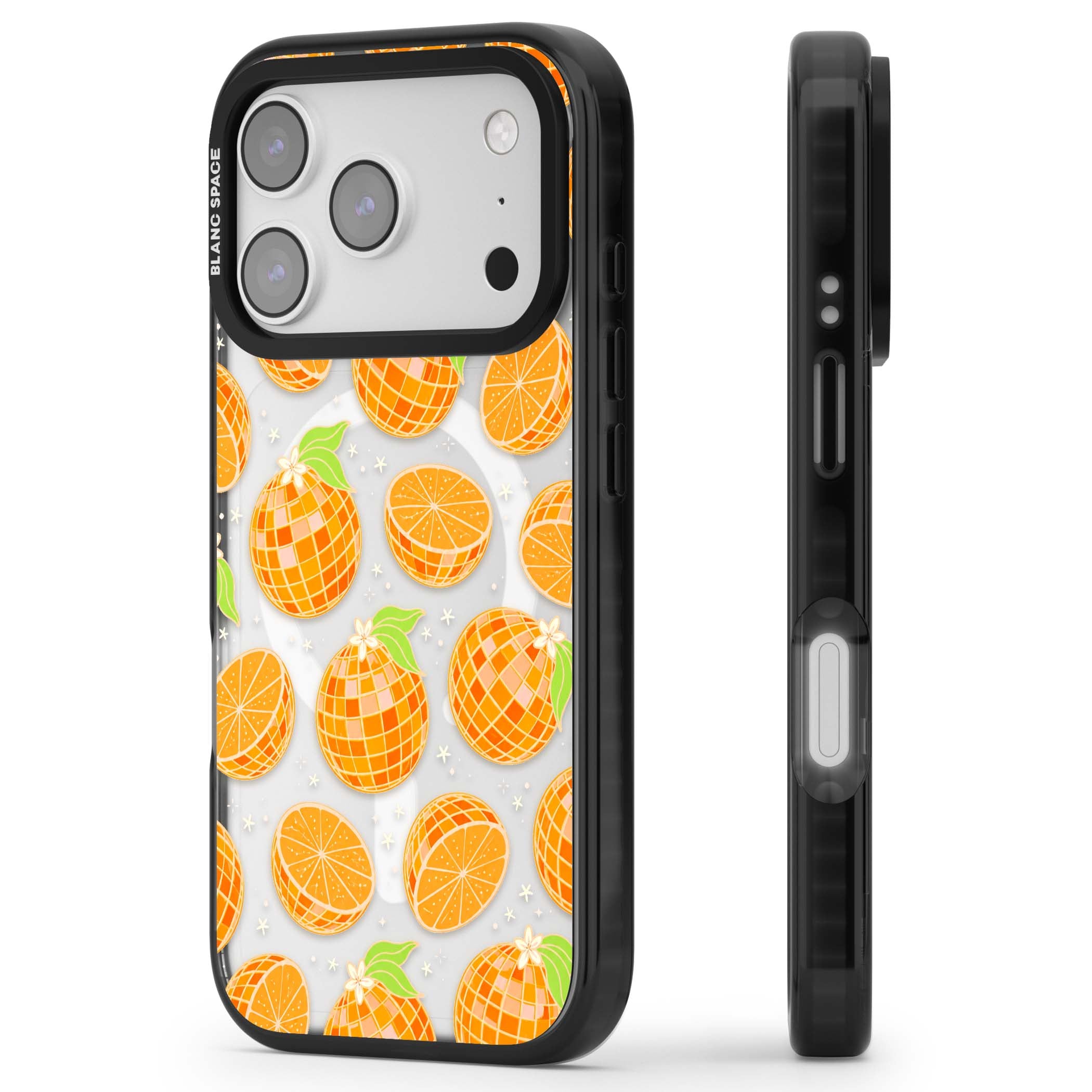 Disco Oranges retro iPhone case featuring mirrorball oranges, citrus slices and tiny blossoms on clear | Black Impact Magsafe case for iPhone 17 Pro, iPhone 17 Pro Max