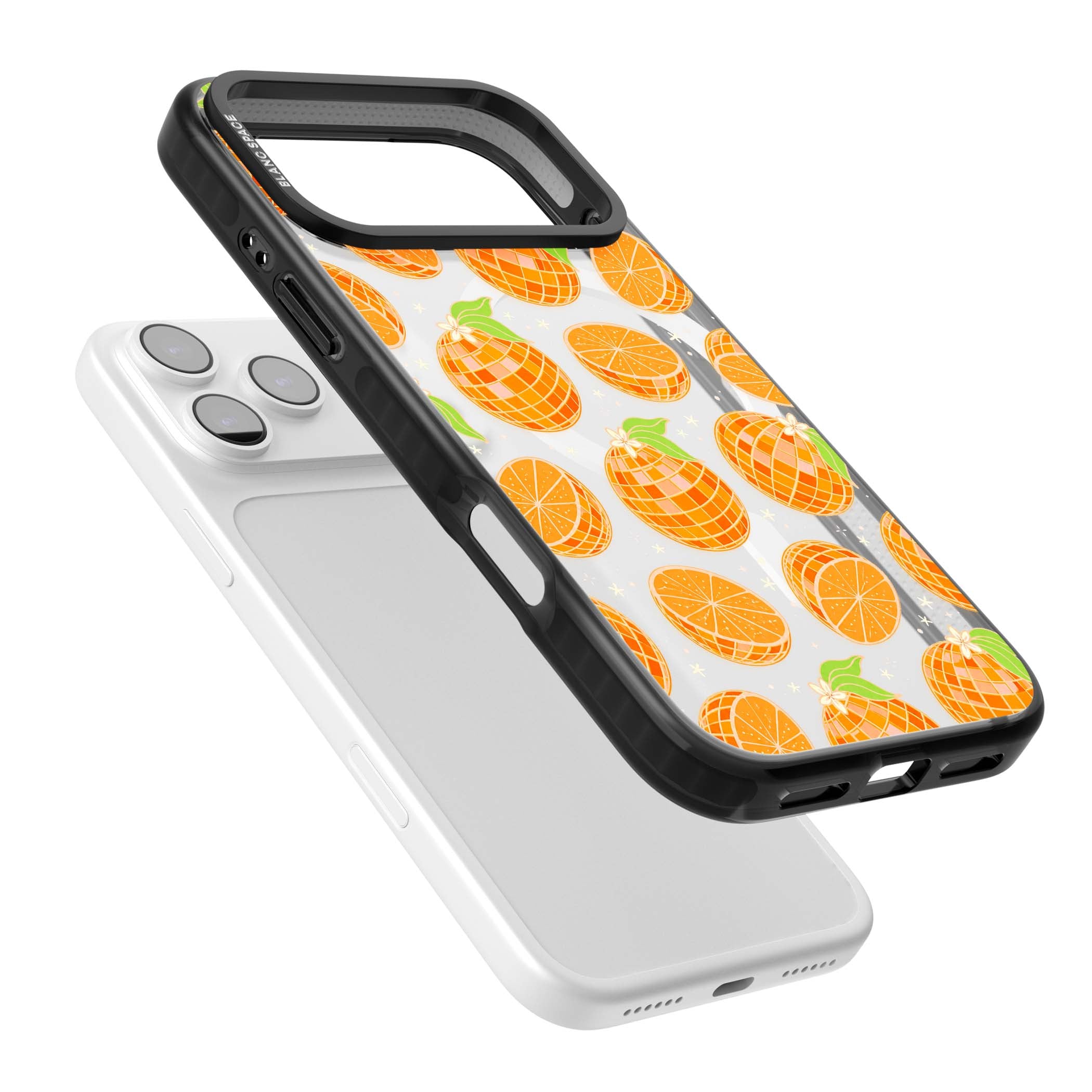 Disco Oranges retro iPhone case featuring mirrorball oranges, citrus slices and tiny blossoms on clear | Black Impact Magsafe case for iPhone 17 Pro, iPhone 17 Pro Max