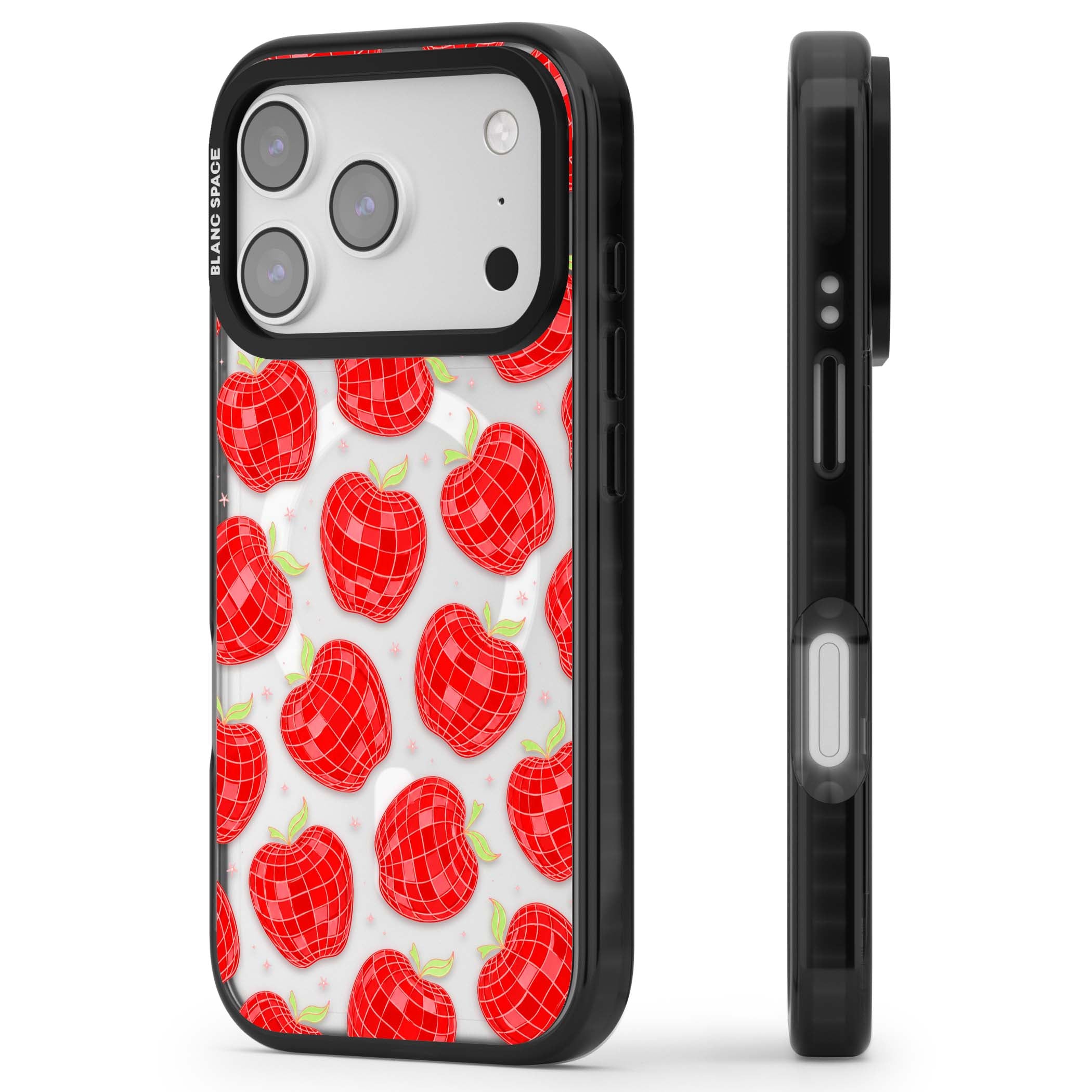 Disco Apples Y2K iPhone case featuring red disco ball apples, green leaves and pink sparkles on clear | Black Impact Magsafe case for iPhone 17 Pro, iPhone 17 Pro Max
