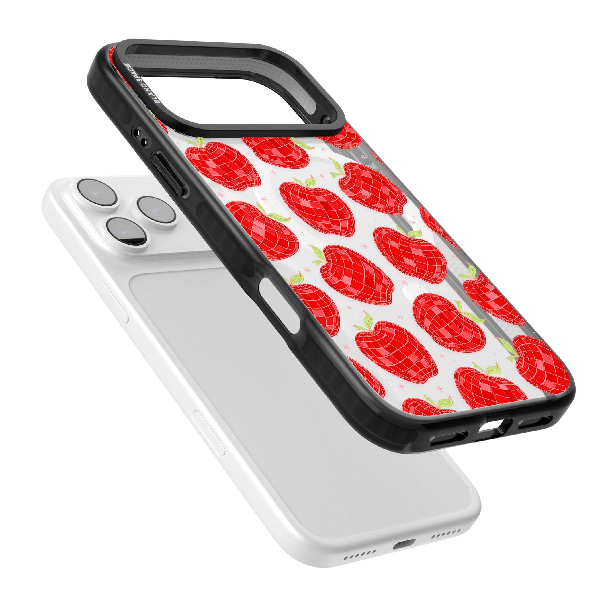 Disco Apples Y2K iPhone case featuring red disco ball apples, green leaves and pink sparkles on clear | Black Impact Magsafe case for iPhone 17 Pro, iPhone 17 Pro Max
