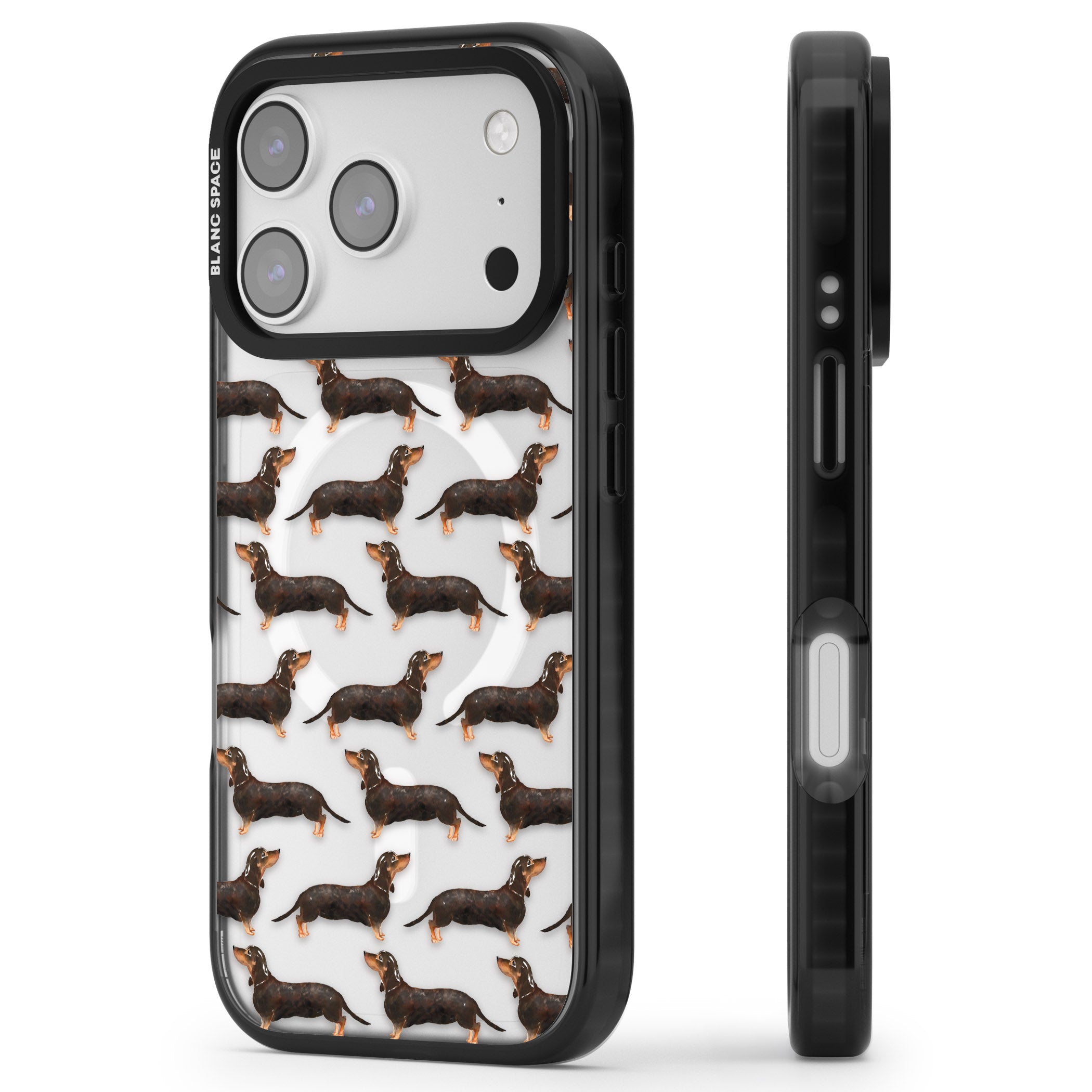 Dachshund Pattern Black Tan iPhone 17 Pro Impact Pro Black Phone Case Side Profile