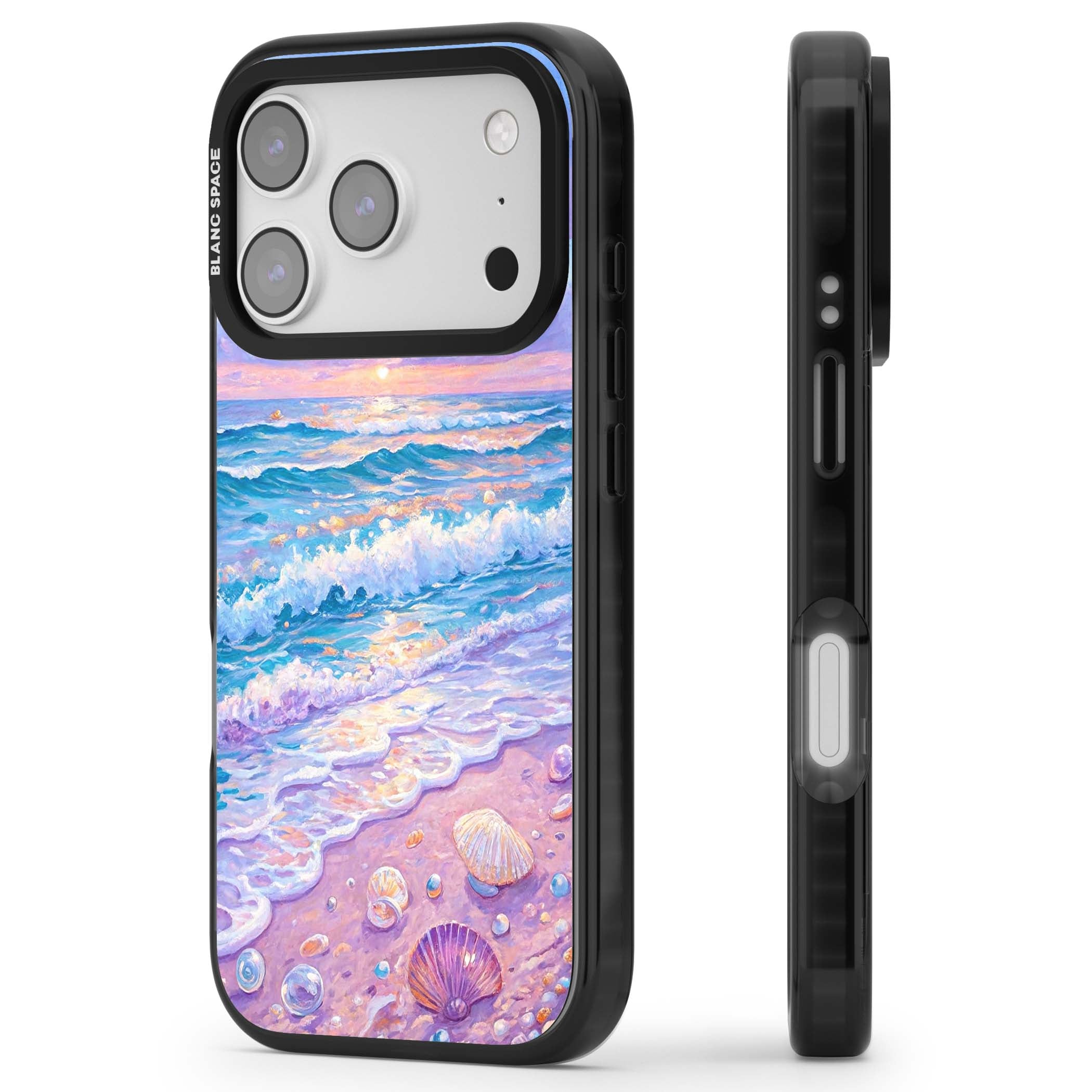 Pearl Shore coastal iPhone case featuring pastel painted waves, seashells, and a sunrise sky over a lavender beach. | Black Impact Magsafe case for iPhone 17 Pro, iPhone 17 Pro Max