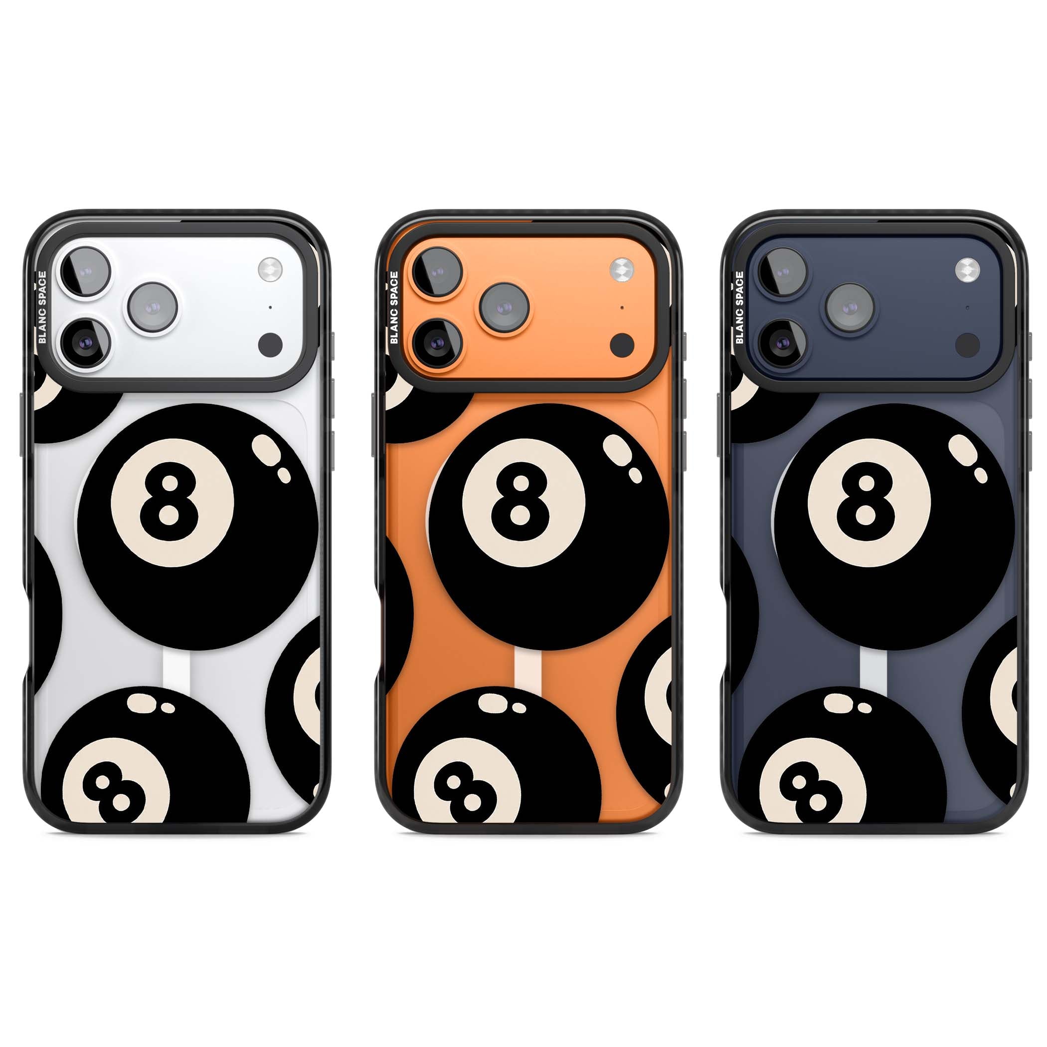 Eights y2k iPhone case featuring scattered black 8 balls with cream highlights on a clear background | Black Impact Magsafe case for iPhone 17 Pro, iPhone 17 Pro Max