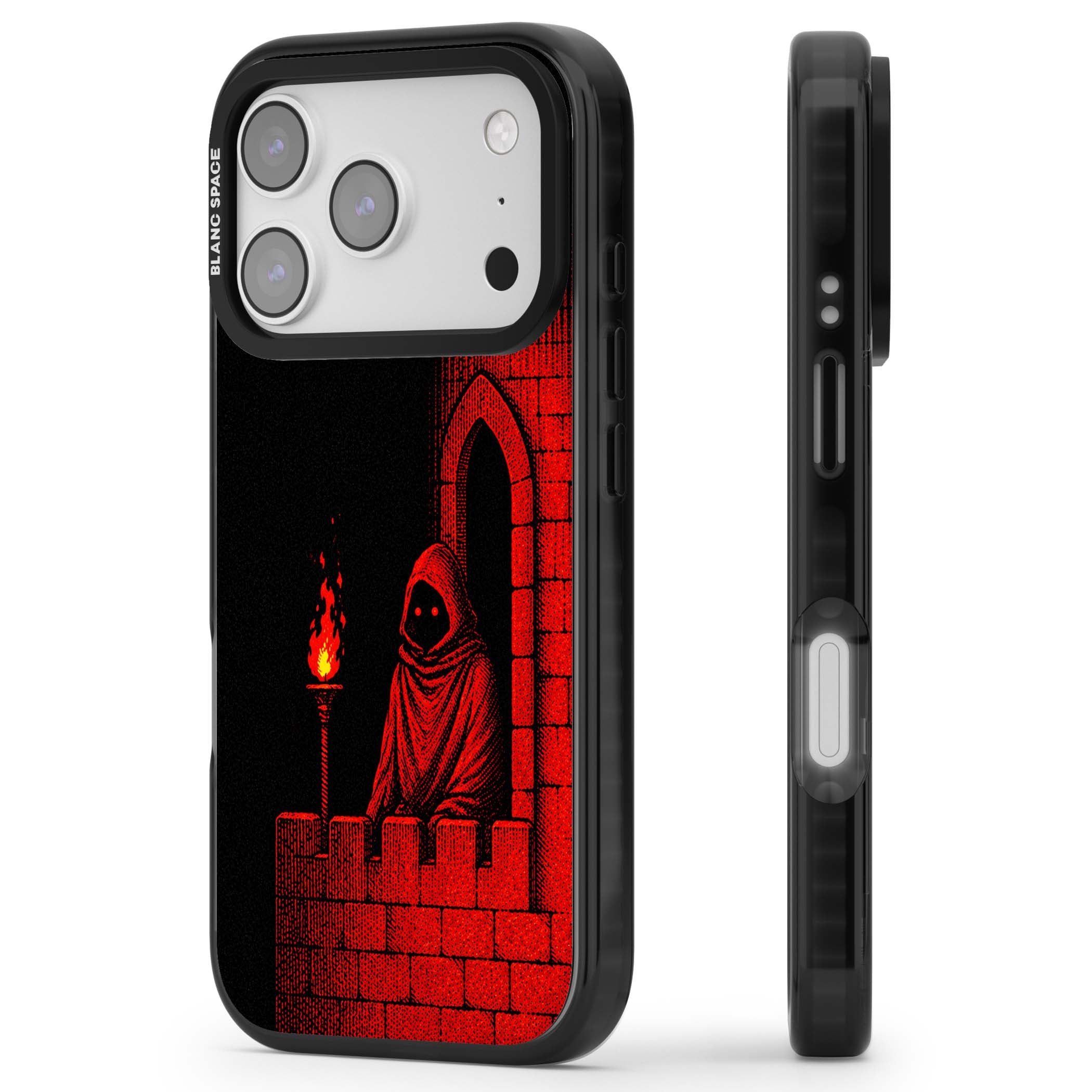 Crimson Crypt gothic iPhone case featuring a hooded reaper, torchlit crypt archway and red halftone horror art | Black Impact Magsafe case for iPhone 17 Pro, iPhone 17 Pro Max