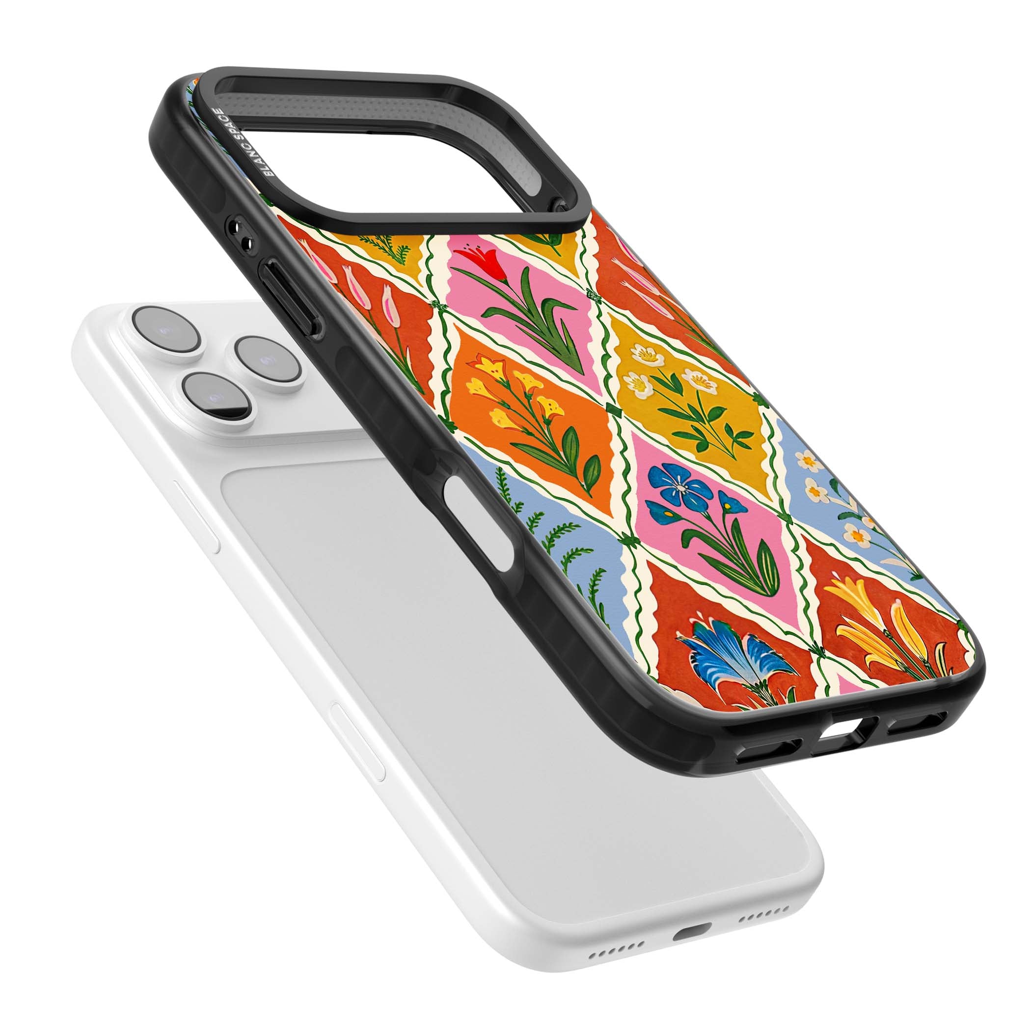 Floral Quilt boho floral iPhone case featuring diamond lattice pattern, hand-painted tulips and folk art wildflowers | Black Impact Magsafe case for iPhone 17 Pro, iPhone 17 Pro Max