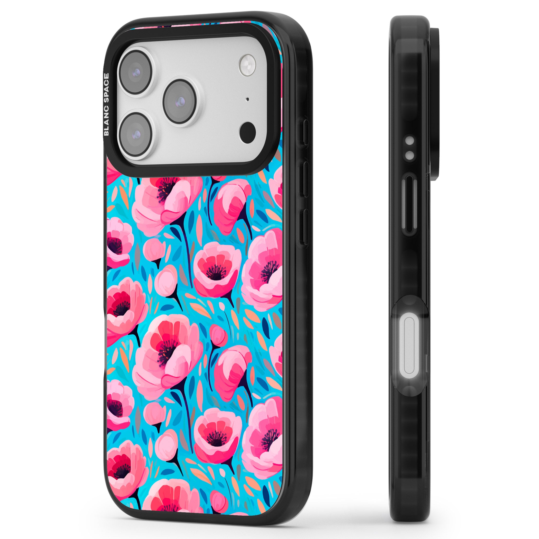 Tropical Pink Poppies iPhone 17 Pro Max Impact Pro Black Phone Case Side Profile