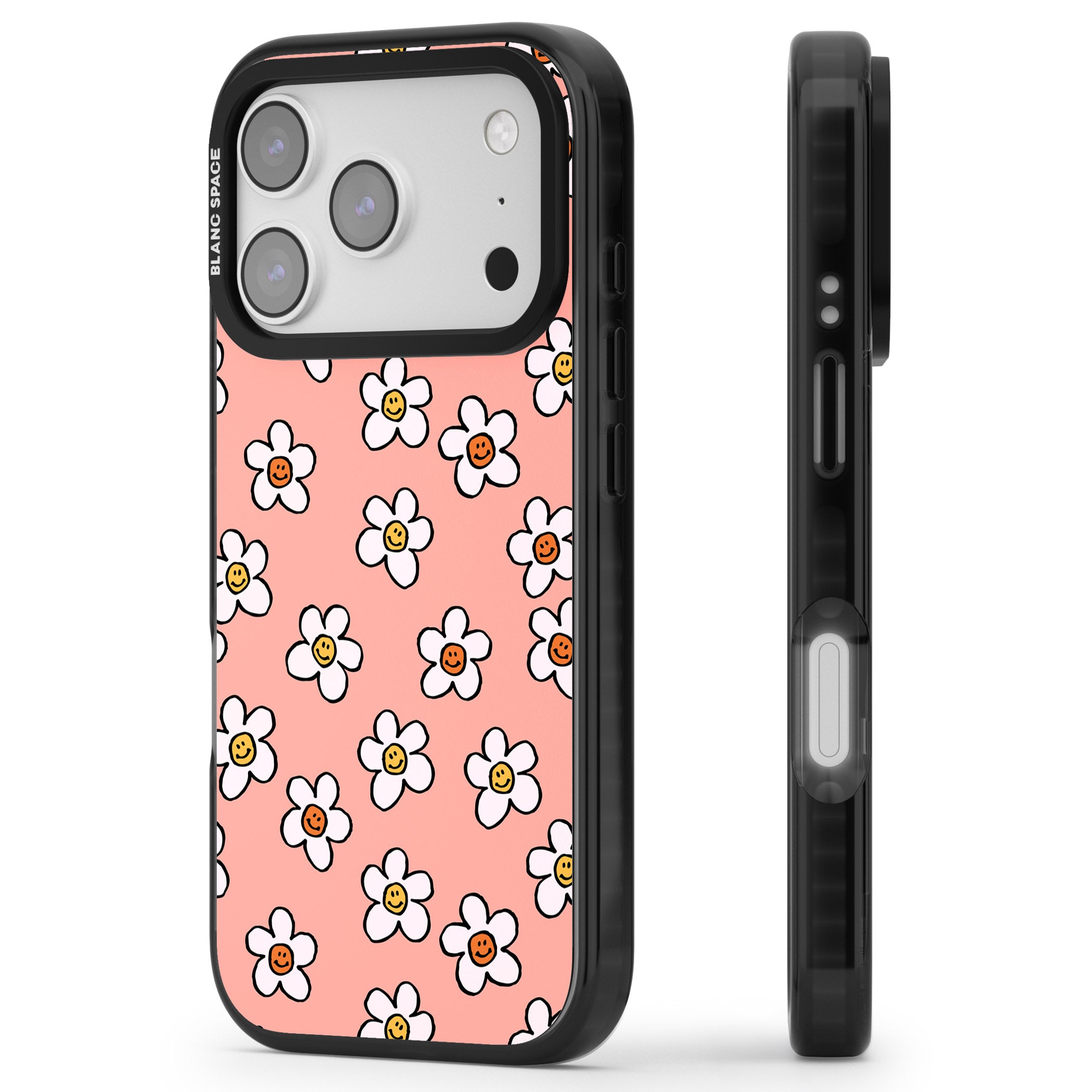 Peachy Daisy Smiles iPhone 17 Pro Max Impact Pro Black Phone Case Side Profile