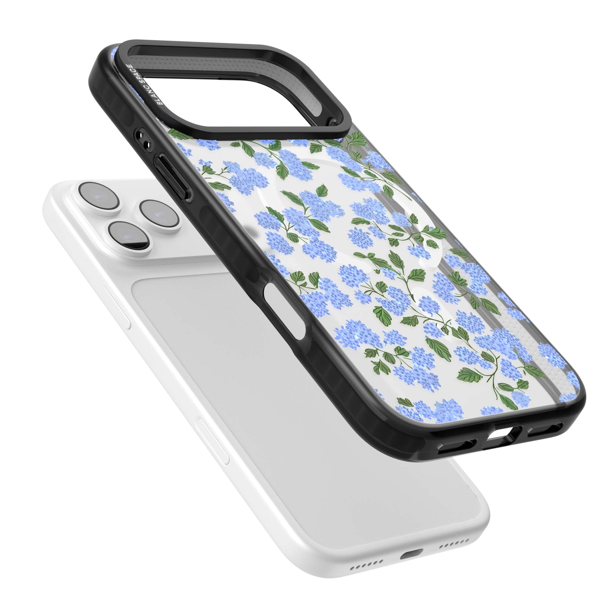 Hydrangea Dreams cottagecore iPhone case featuring soft blue hydrangea flower clusters and green leaves | Black Impact Magsafe case for iPhone 17 Pro, iPhone 17 Pro Max